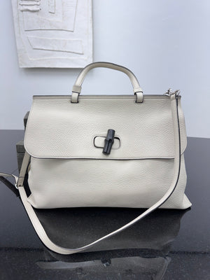 Gucci White Grained Leather Bamboo Daily 2Way Bag