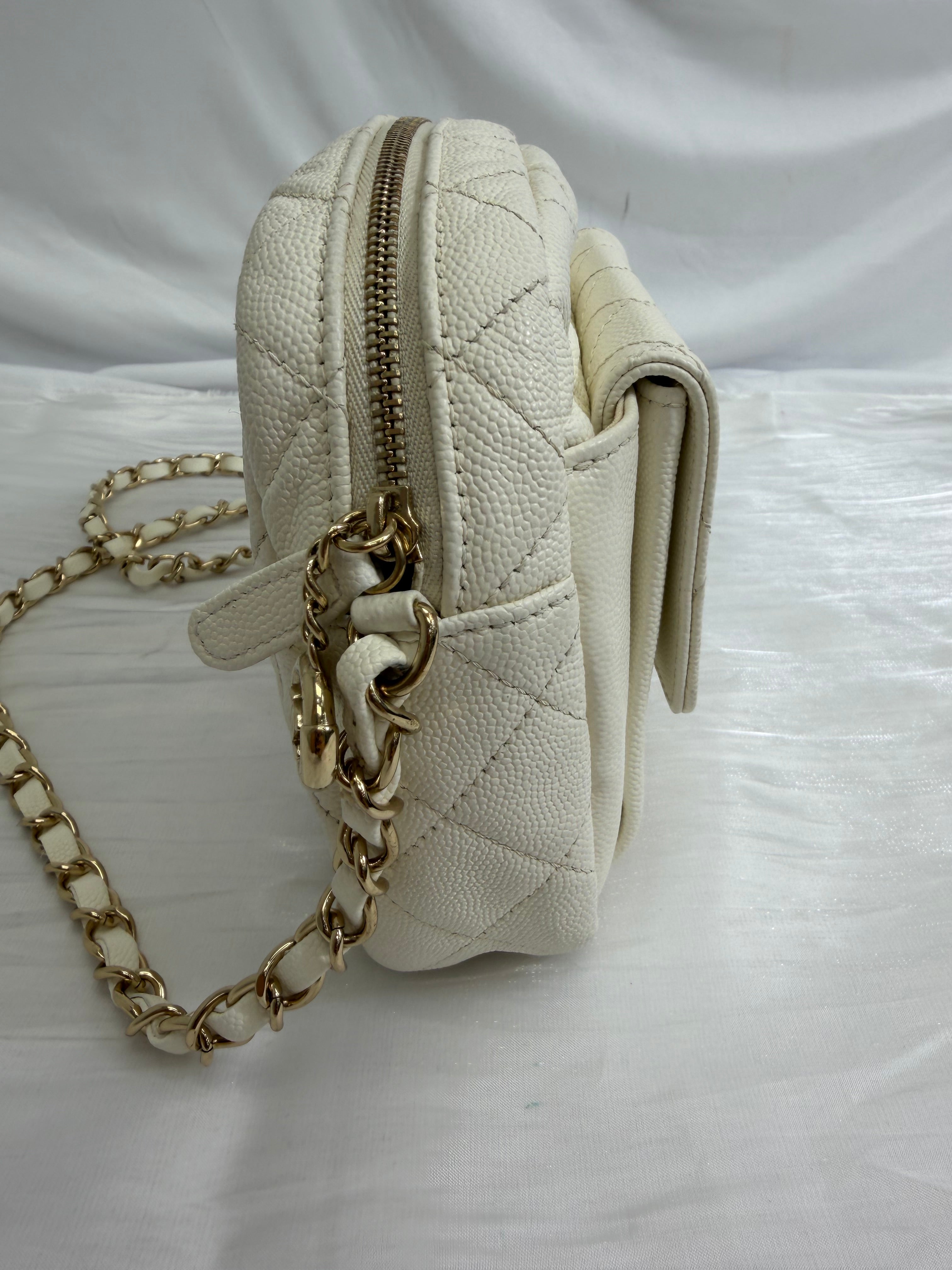 Chanel White Quilted Caviar CC Day Camera Case