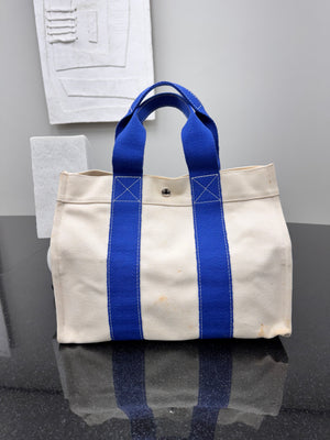 Hermes Beige And Blue Canvas Bora Bora Tote Bag PM