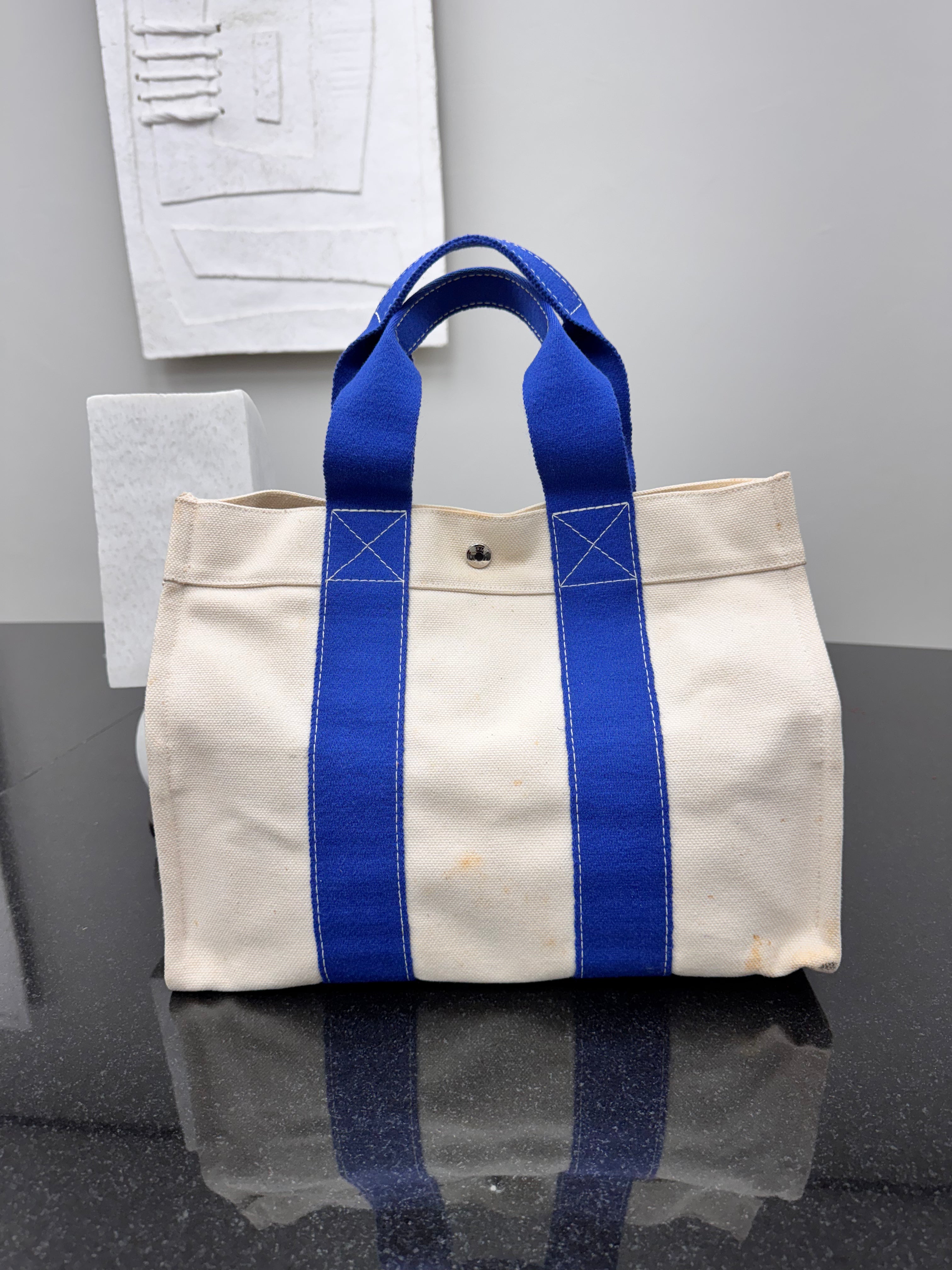 Hermes Beige And Blue Canvas Bora Bora Tote Bag PM
