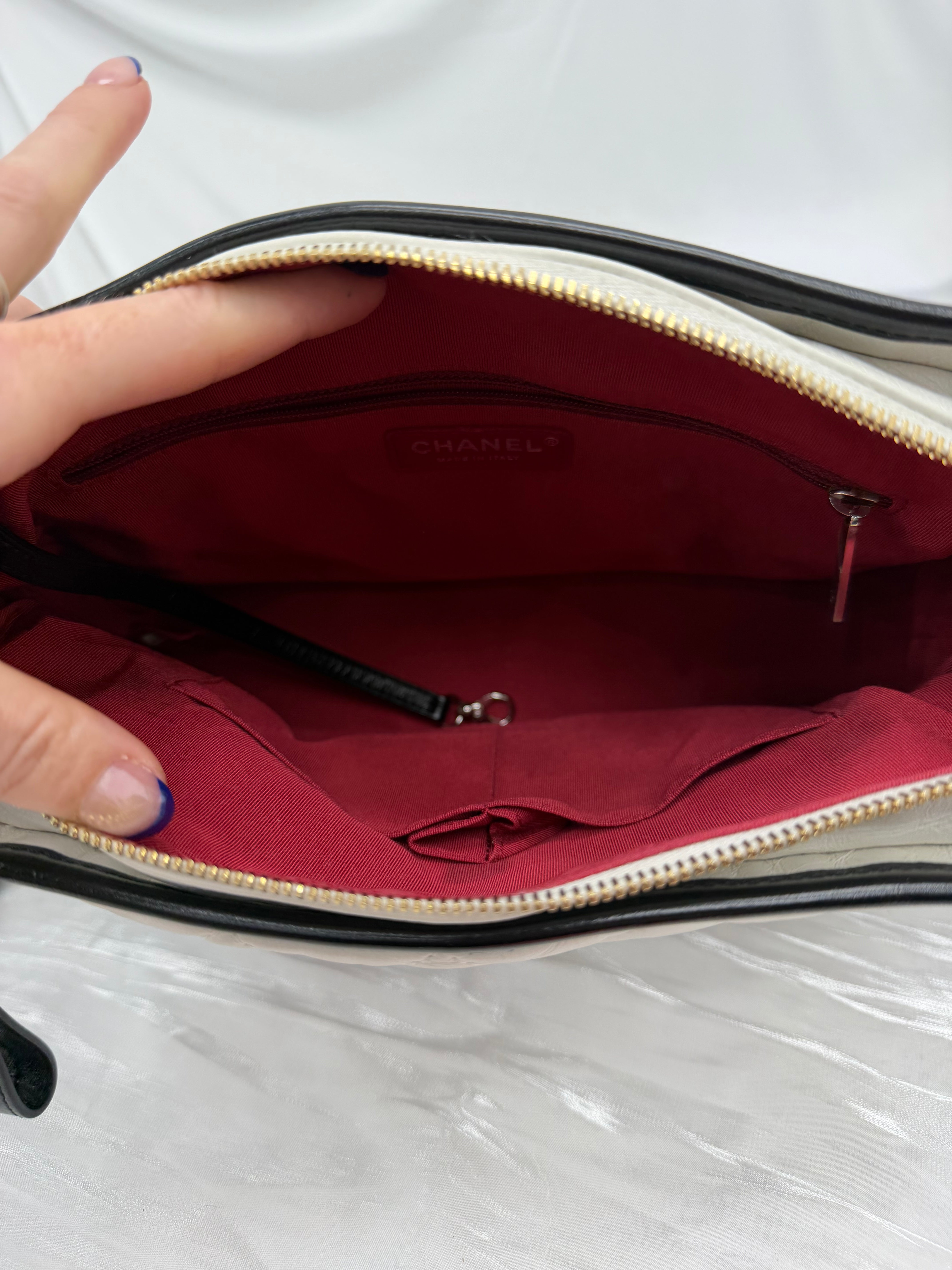 Chanel White & Black Aged Quilted Calfskin Medium Gabrielle Hobo Bag