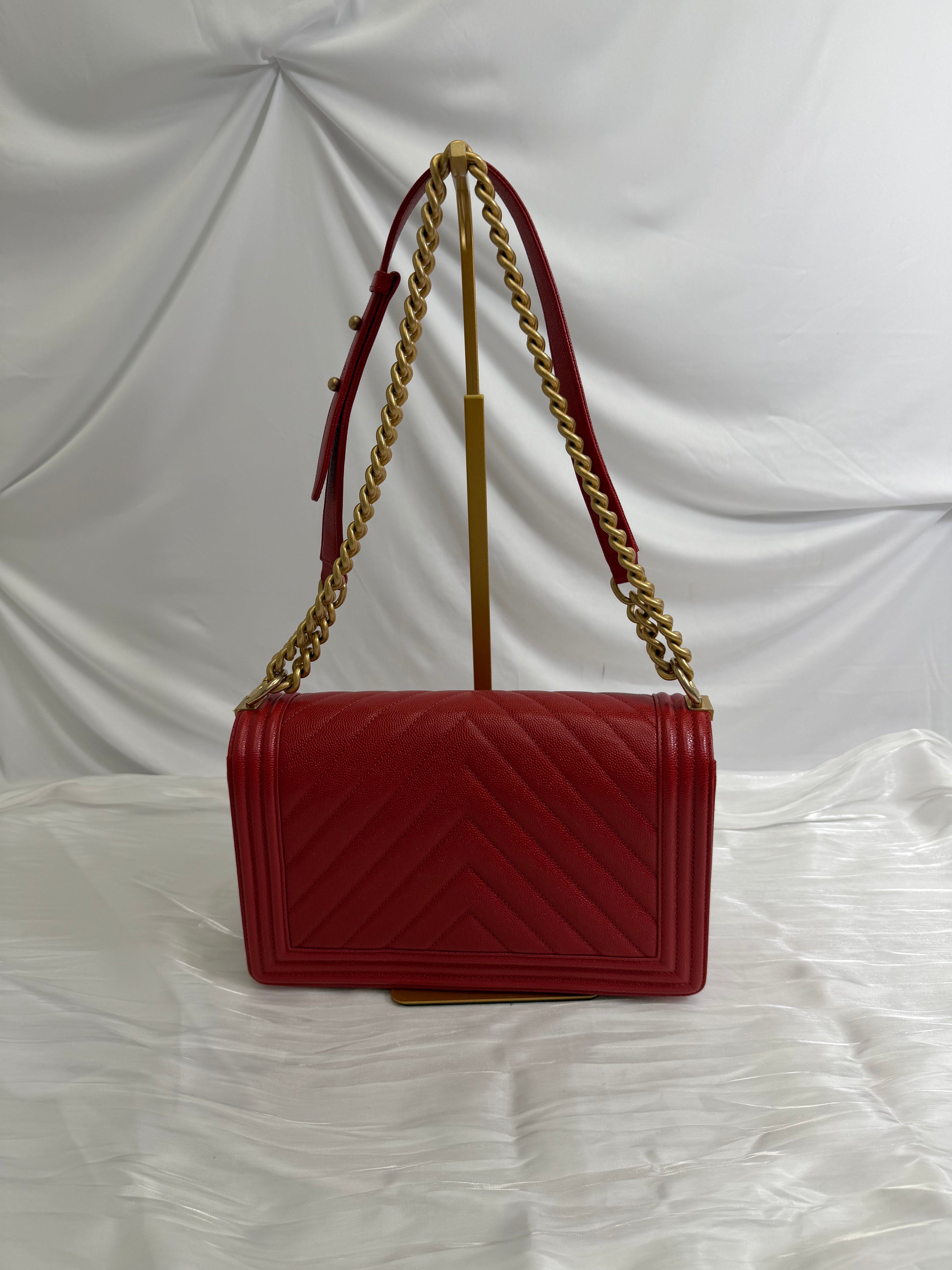 Chanel Red Chevron Quilted Caviar Medium Boy Bag