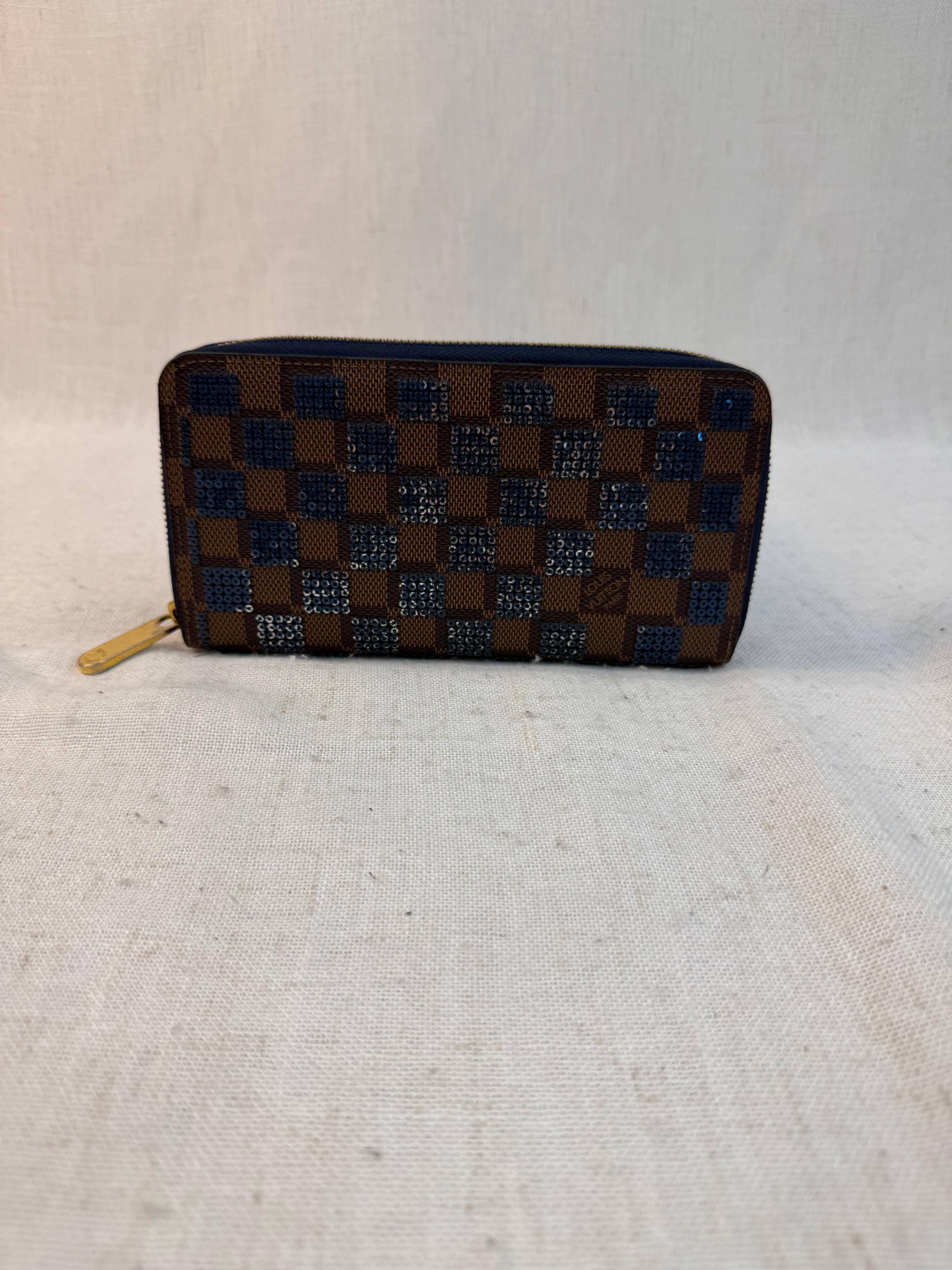 Louis Vuitton Limited Edition Damier Ebene Blue Sequin Zippy Wallet