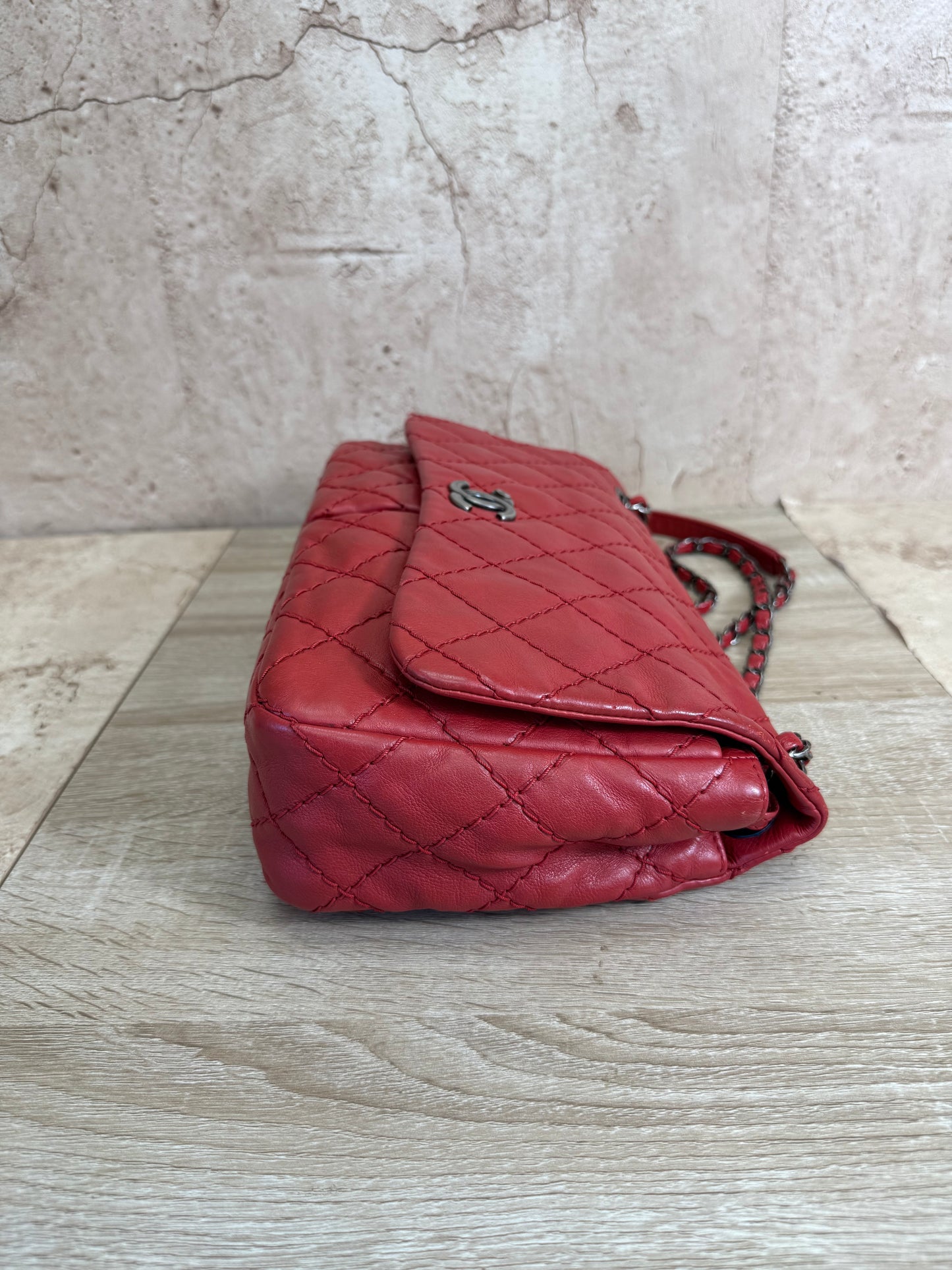 Chanel Red Double Pocket Stitch Chain Crossbody Bag