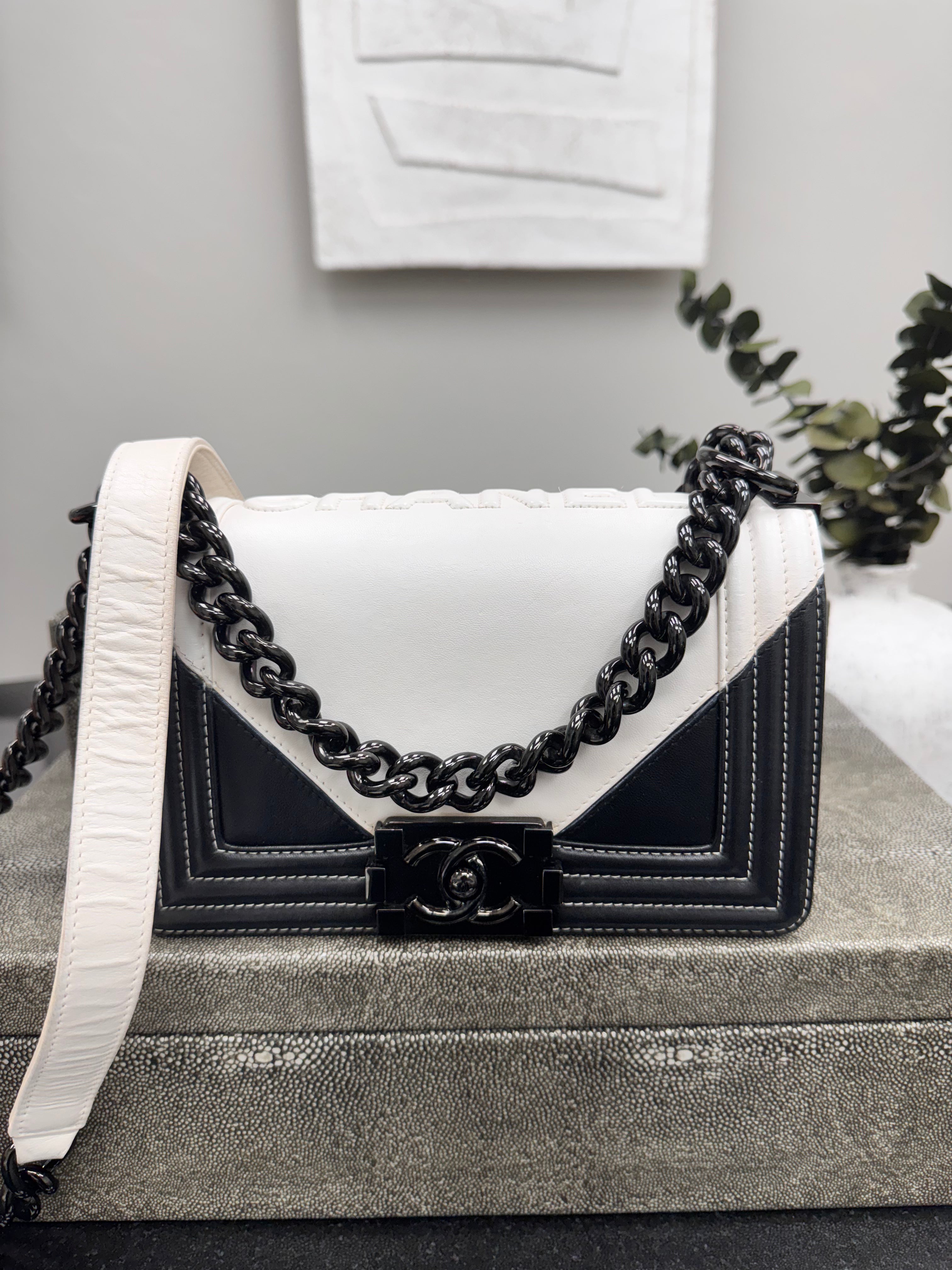 Chanel Black And White Leather Geometric Medium Boy Bag