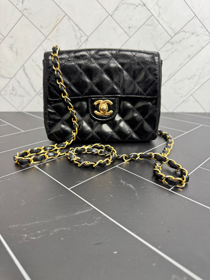 Chanel 24k Gold Plated Vintage Black Patent Leather Single Flap Bag