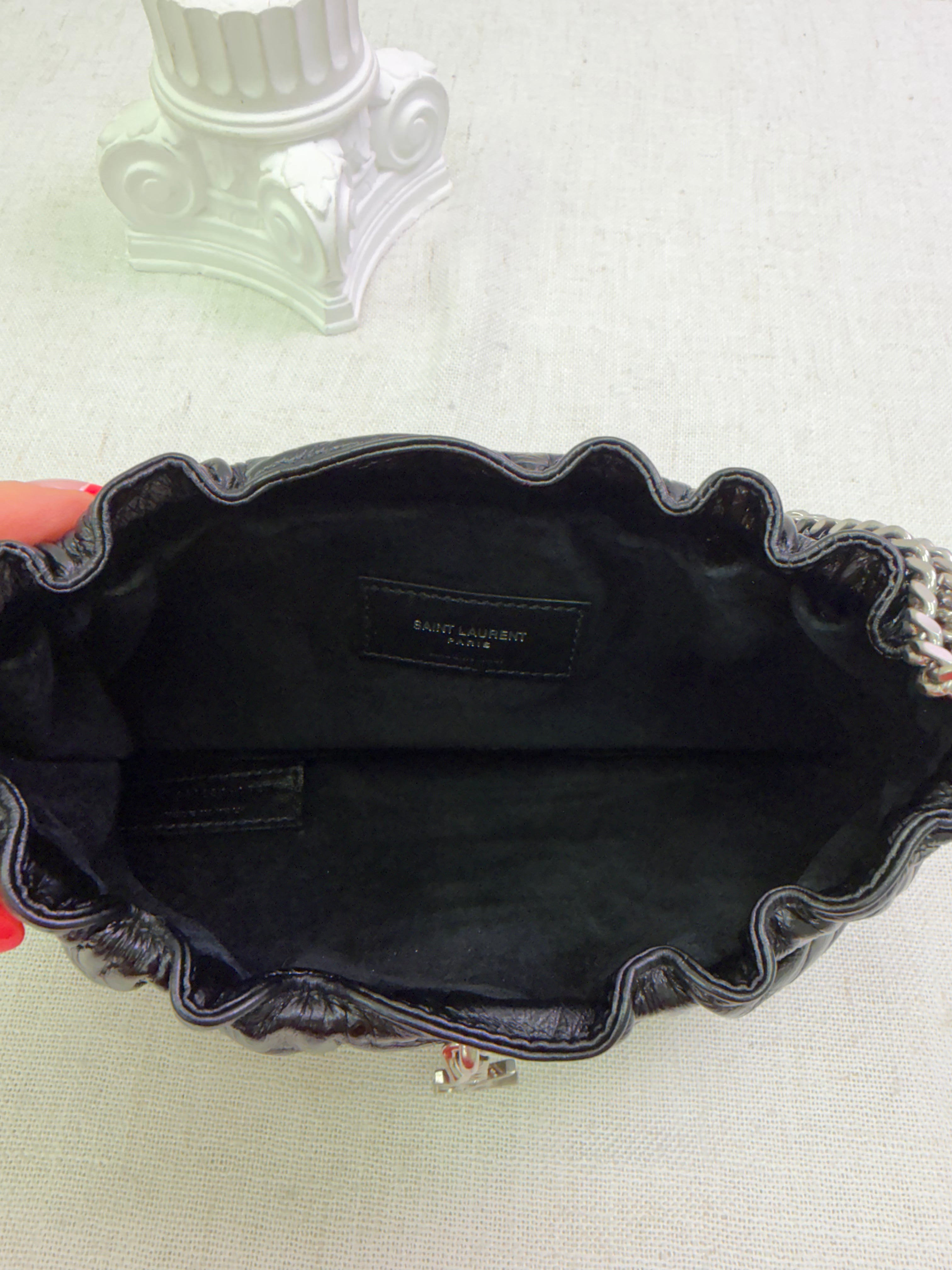 Saint Laurent YSL Black Crinkled Leather Pac Pac Ruched Hobo Bag