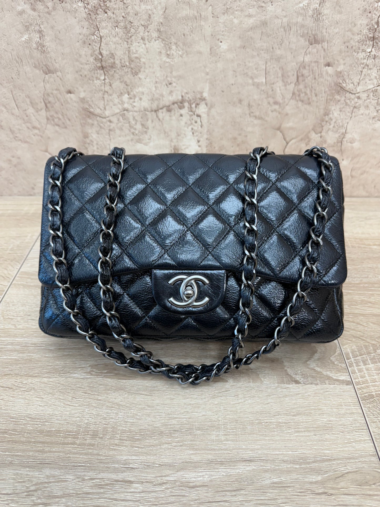 Chanel Large Black Glazed Quilted Goatskin Classic Single Flap Bag