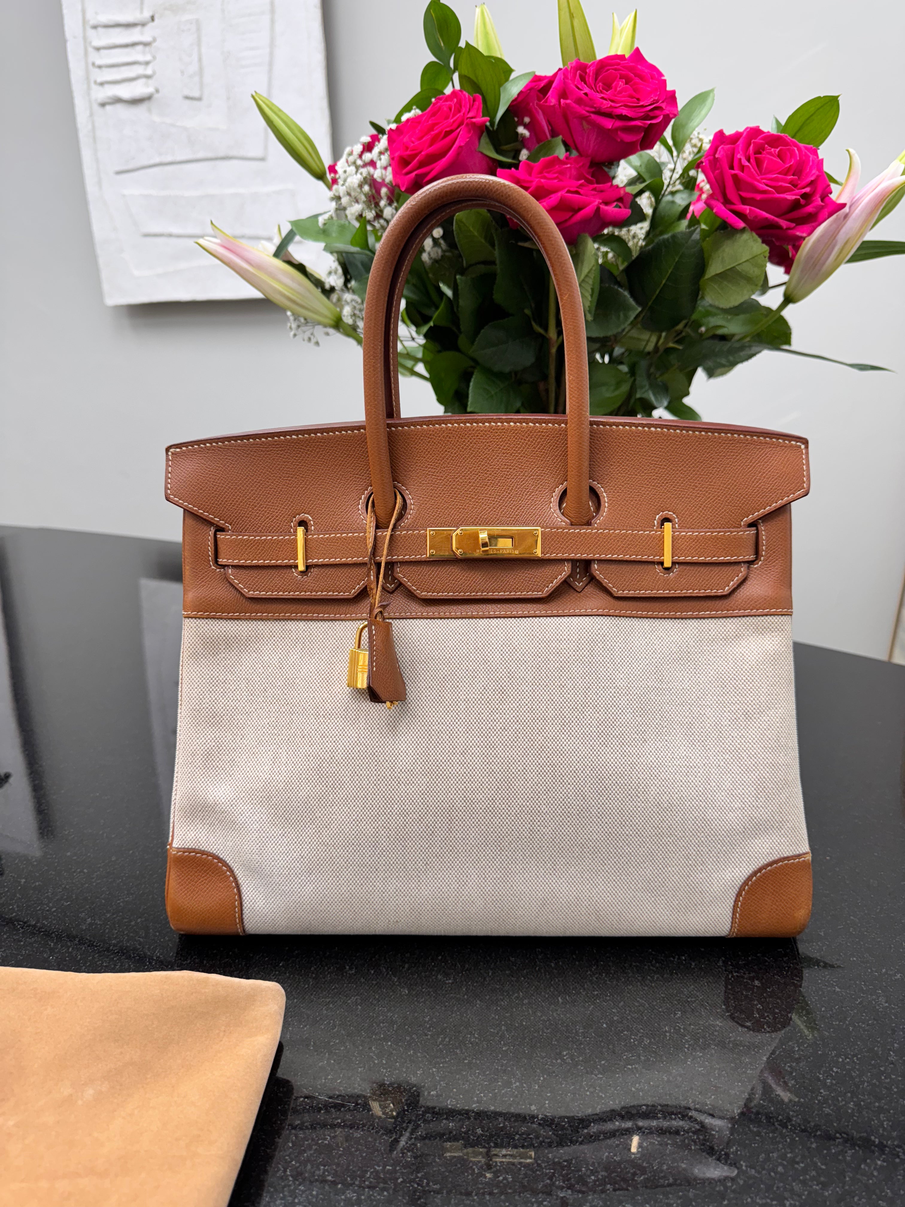 Hermes Ecru Toile H Canvas And Gold Courchevel Birkin 35