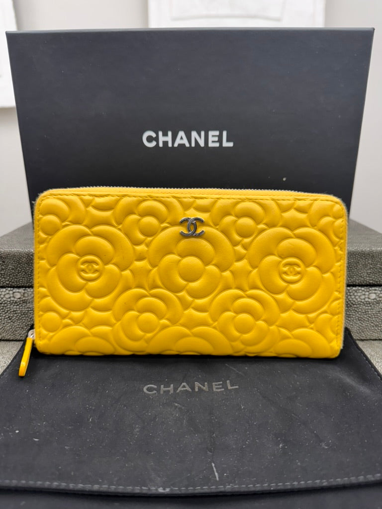 Chanel Yellow Embossed Camellia Flower Leather Zippy Wallet
