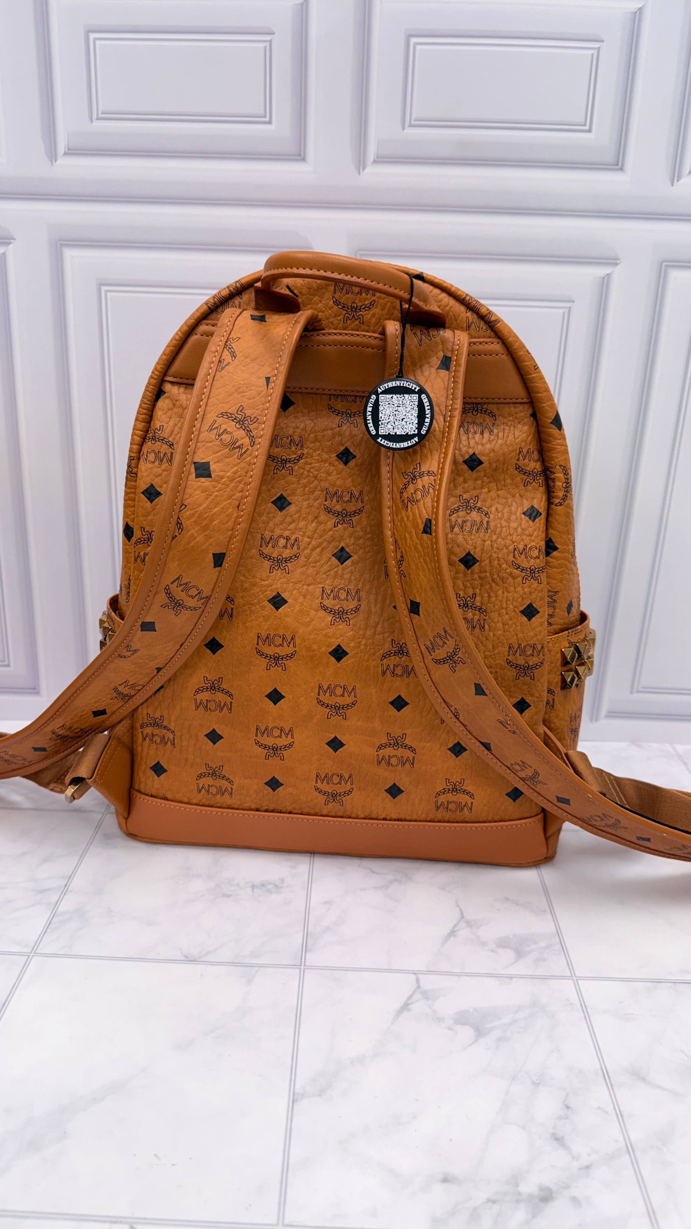 MCM Cognac Visetos Leather Side Studded Large Backpack