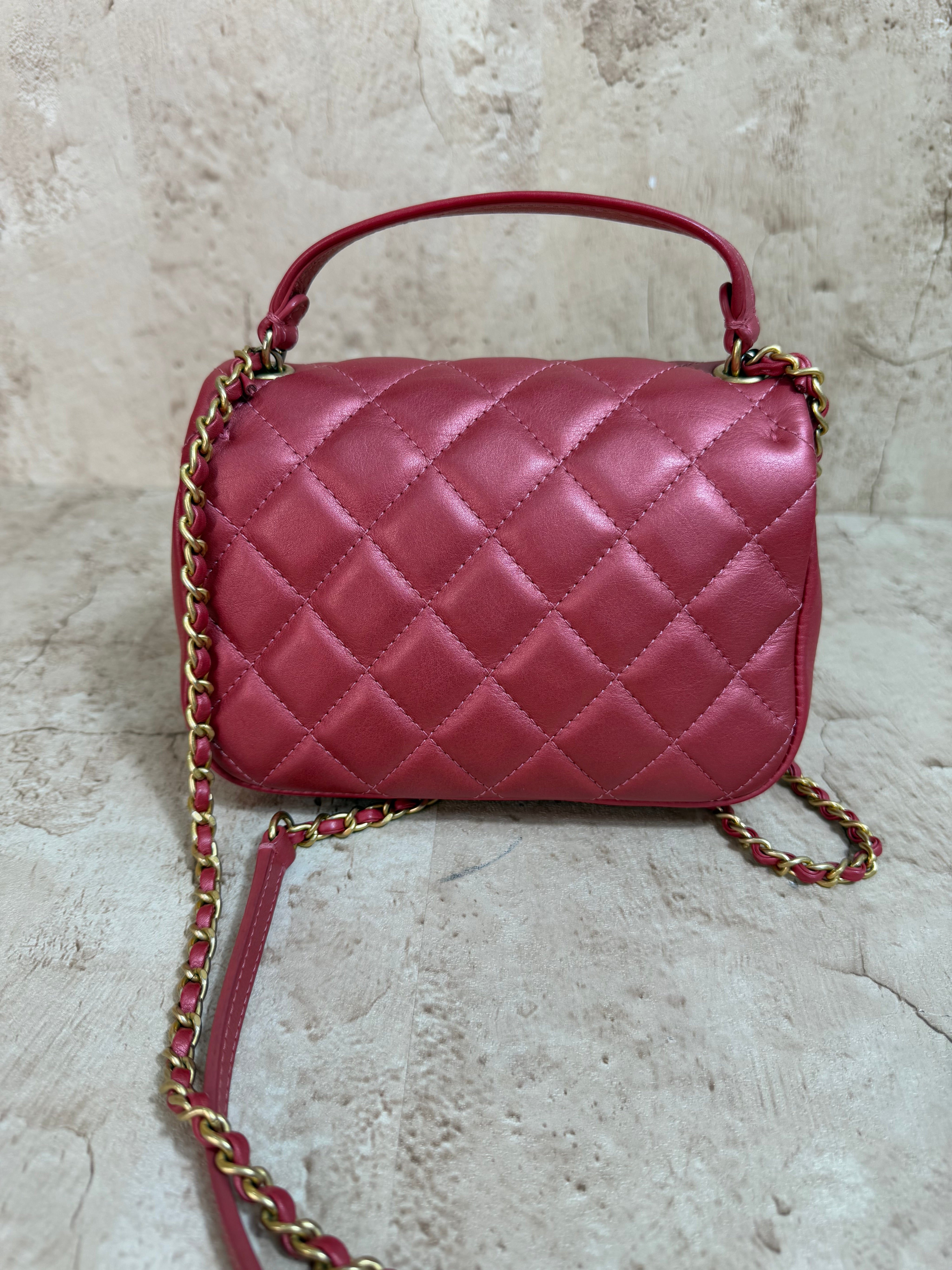 Chanel Metallic Pink Calfskin Leather Small Top Handle Crossbody Bag