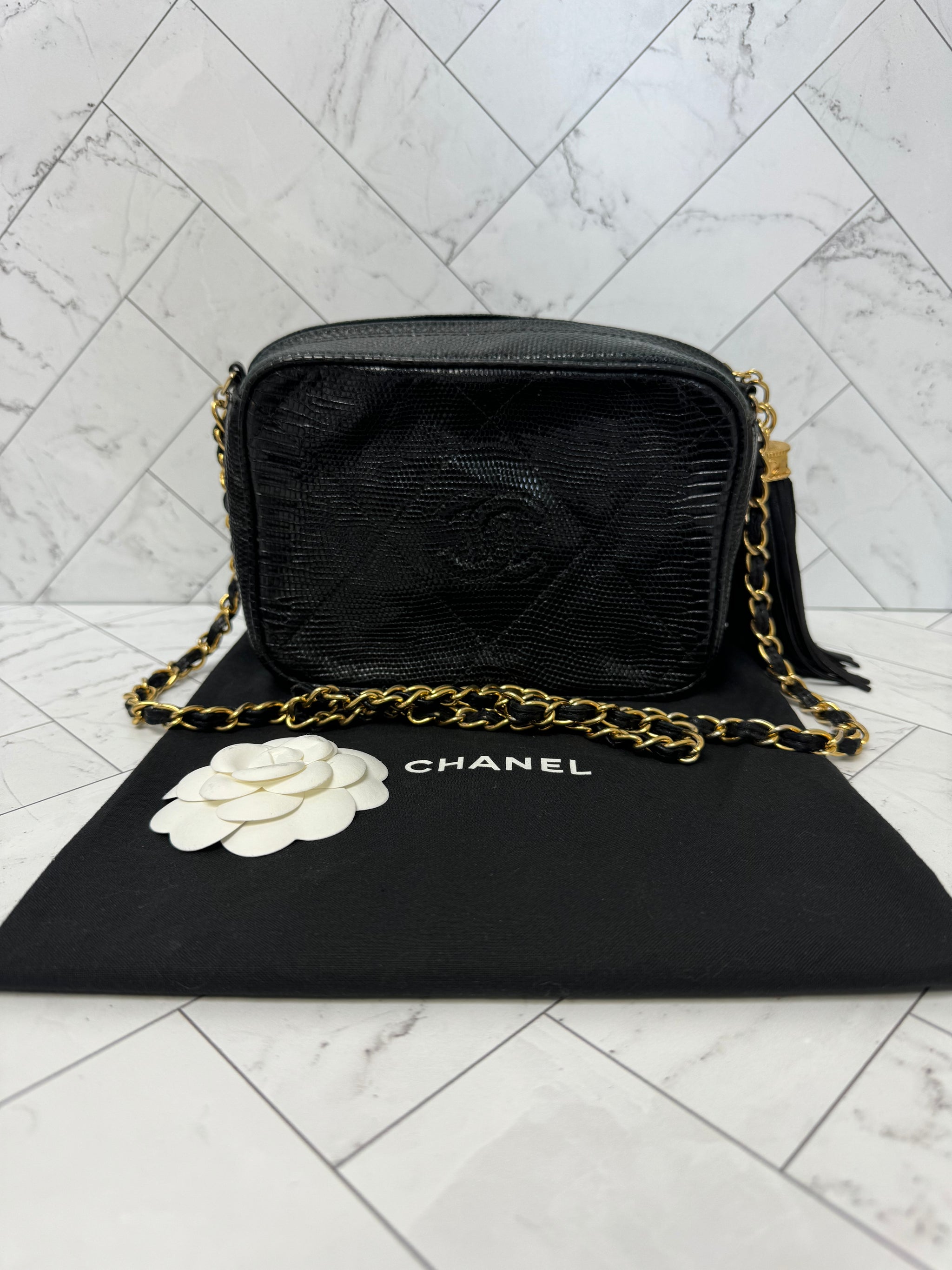 Chanel Black Lizard Camera Crossbody Bag