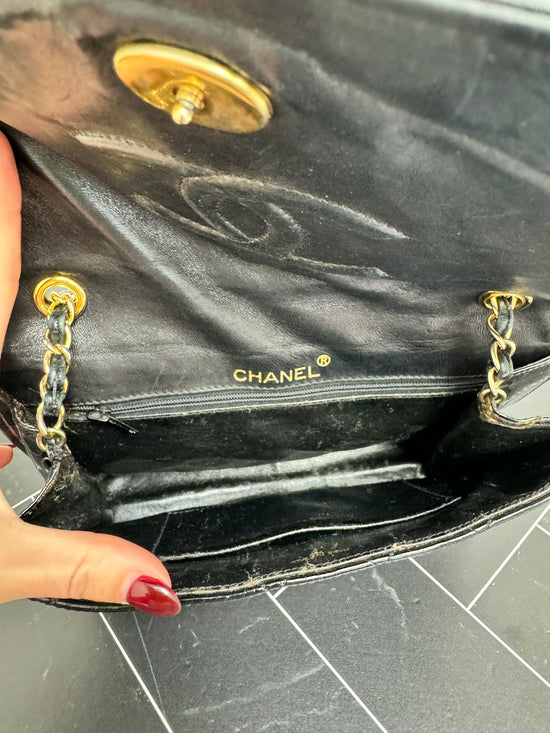 Chanel Vintage Black Quilted Patent Leather Shoulder Chain Bag