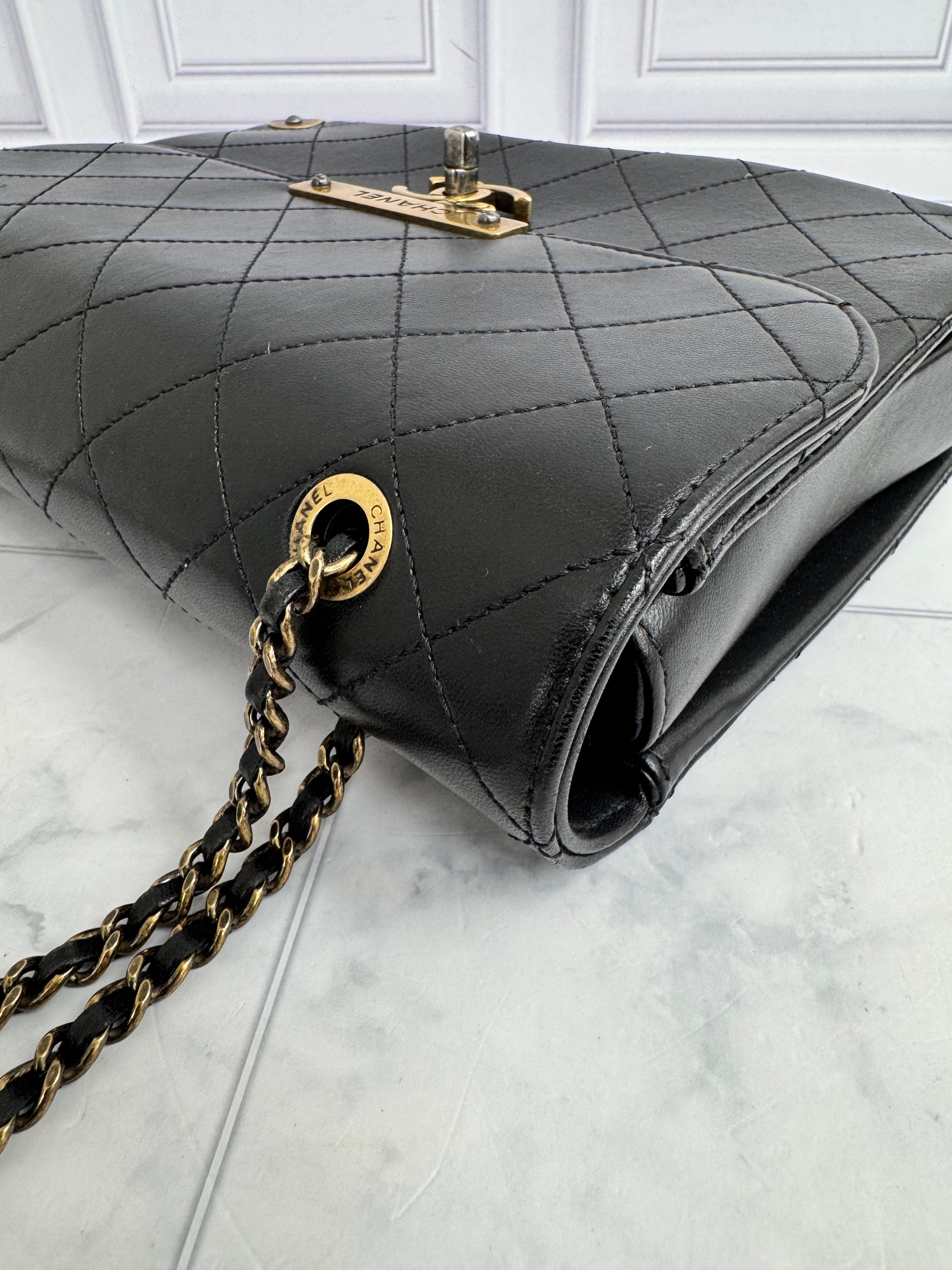 Chanel Black Diamond Quilted Leather Around The Corner Flap Bag