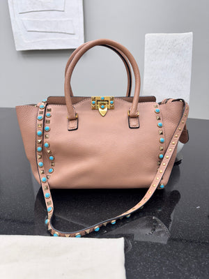 Valentino Dusty Rose Grained Leather Rockstud Rolling Tote Bag