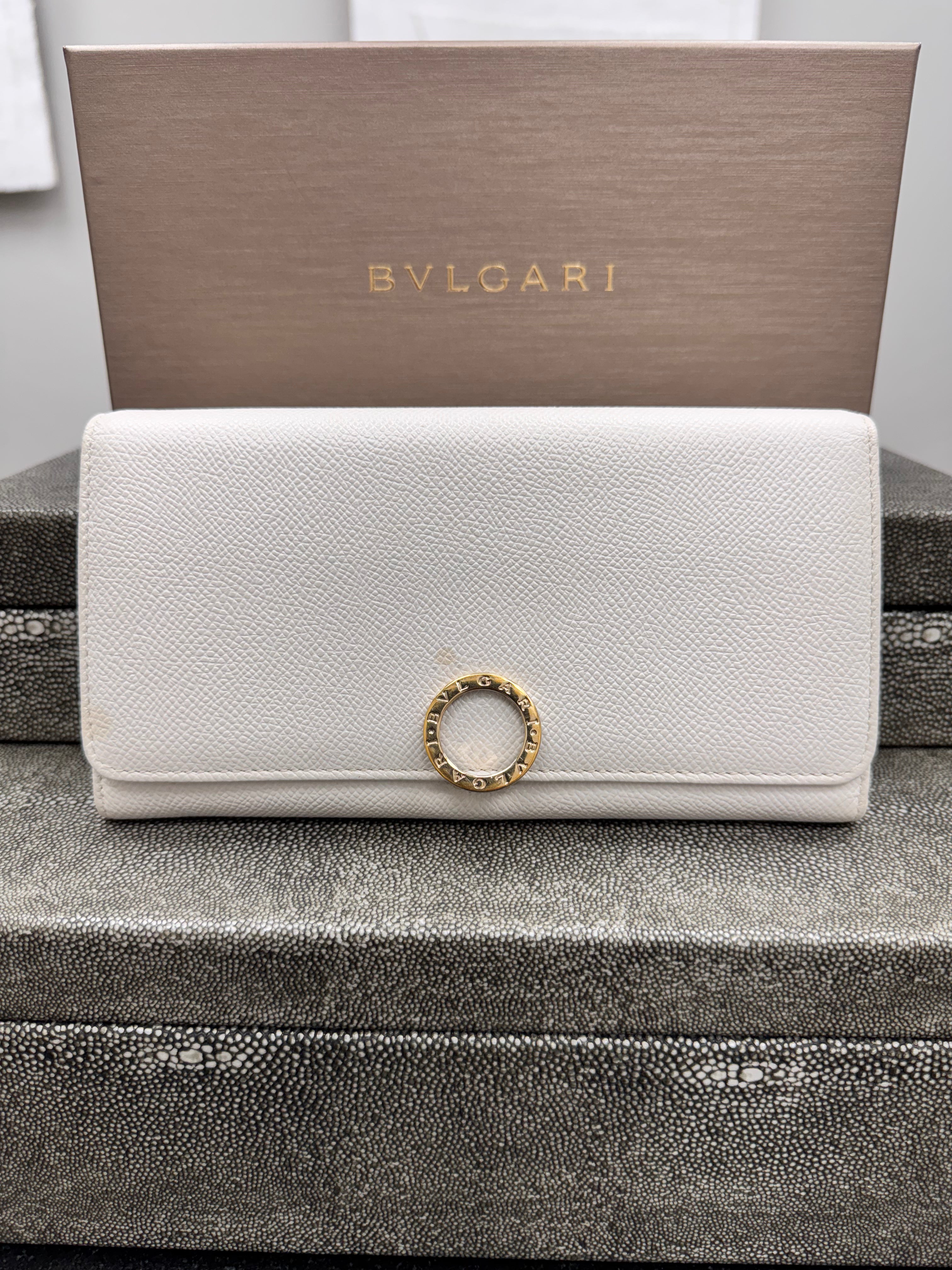 Bvlgari White Grained Leather Long Wallet