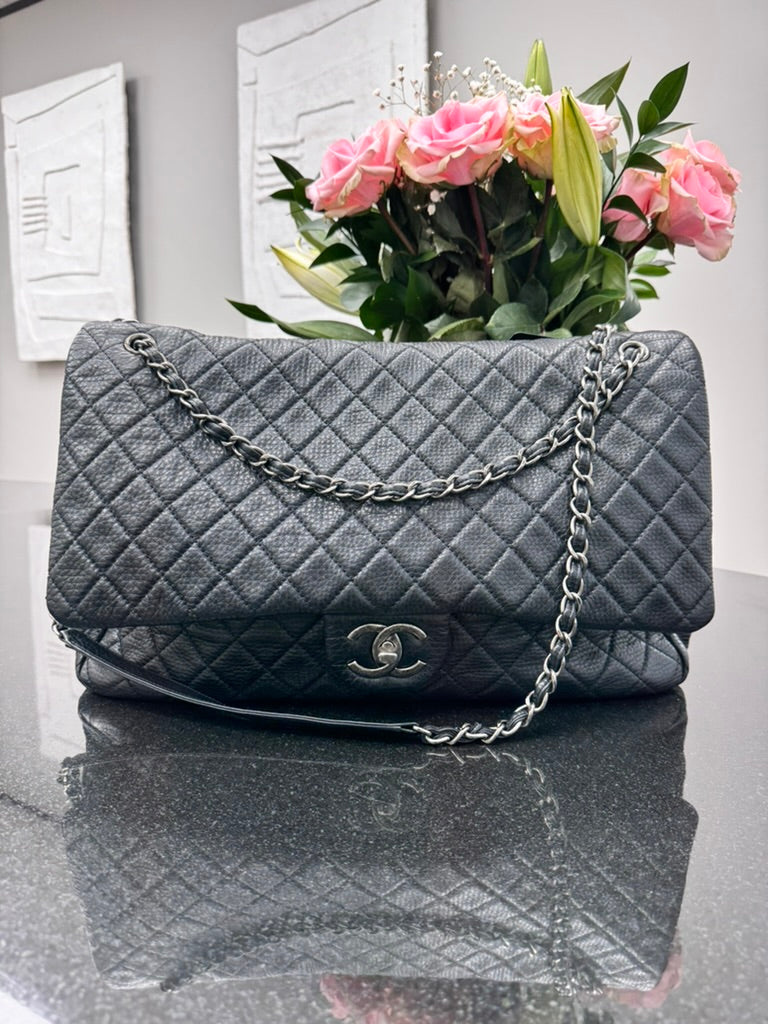 Chanel Black Diamond Quilted Grained Leather Airlines XXL Travel Flap Bag