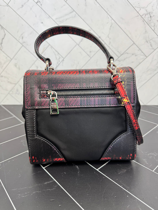 Prada Printed Saffiano Leather with Tessuto Small Turn Lock Top Handle Bag