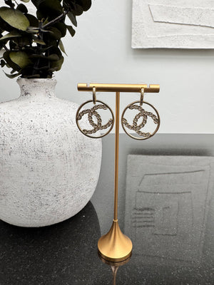 Chanel Gold Tone Crystal High Society CC Dangle Hoop Earrings