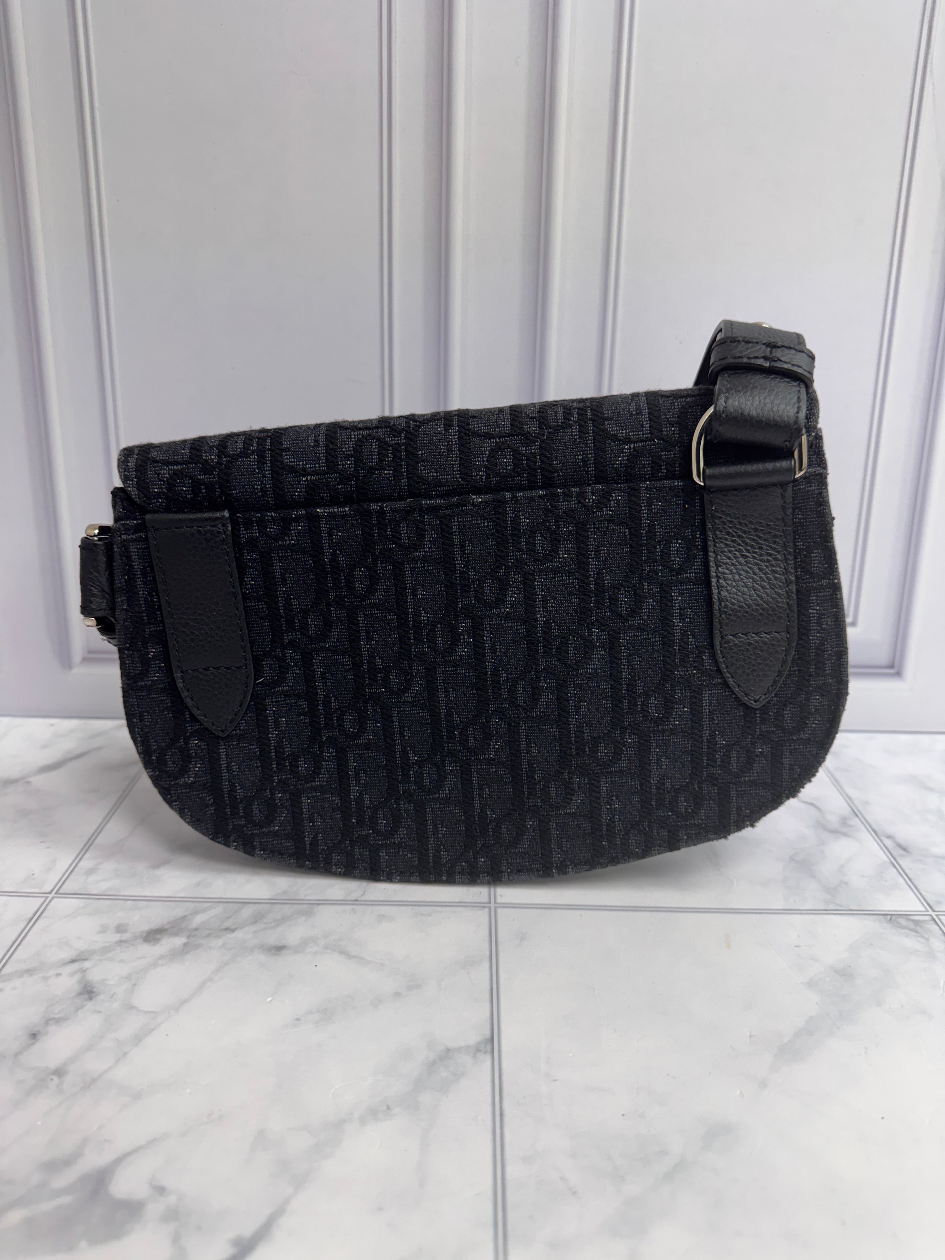 Christian Dior Black Denim Oblique Saddle Messenger Crossbody Bag