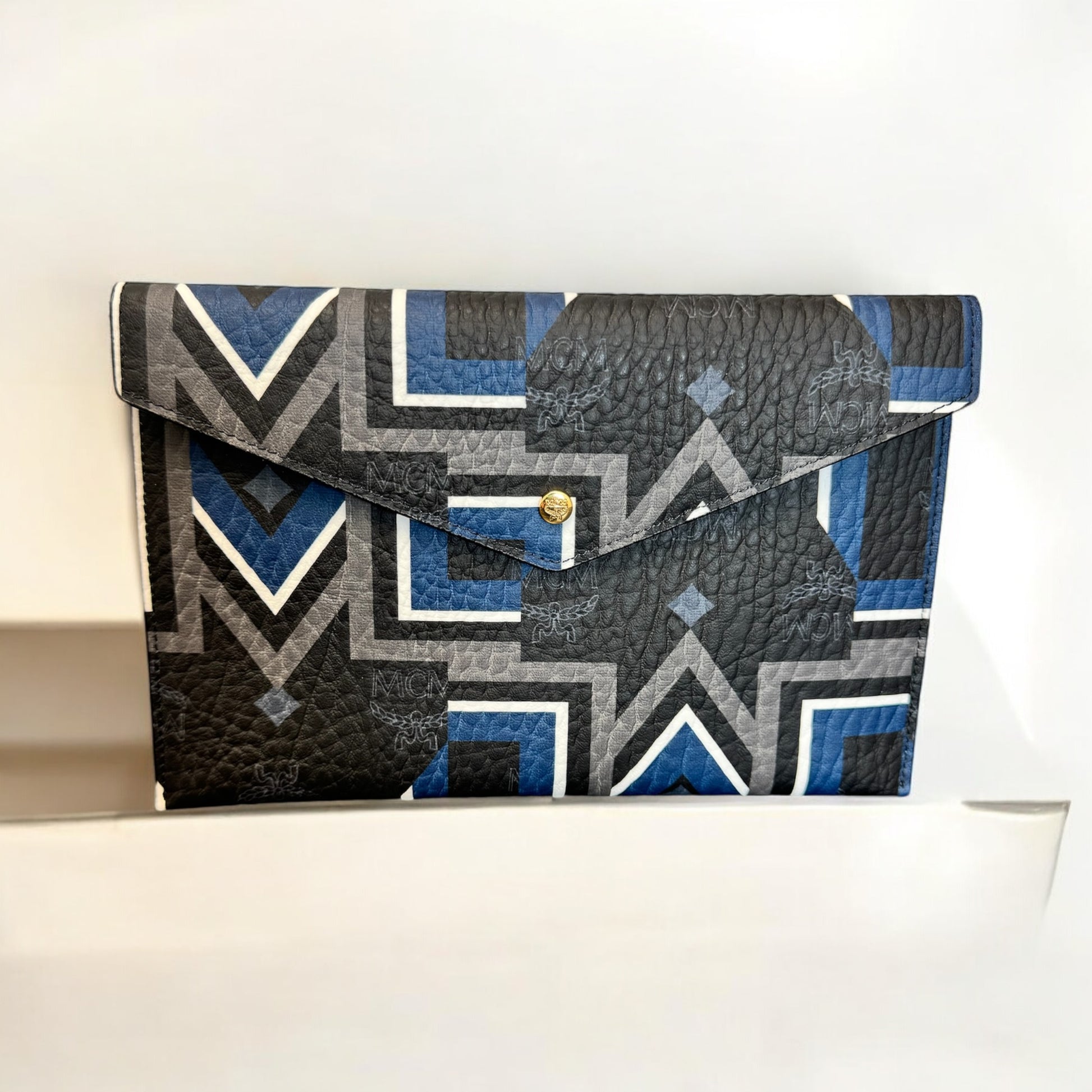 Mcm Black & Blue M Stripe Visetos Clutch Bag