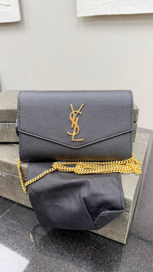 *DONS DROP* Saint Laurent YSL Black Pebbled Leather Envelope Wallet on a Chain