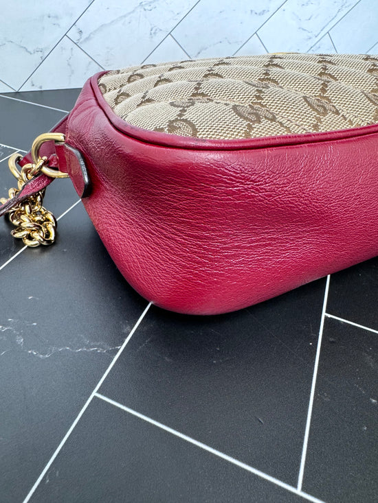 Gucci Tan Canvas & Red Leather Small Marmont Crossbody Bag