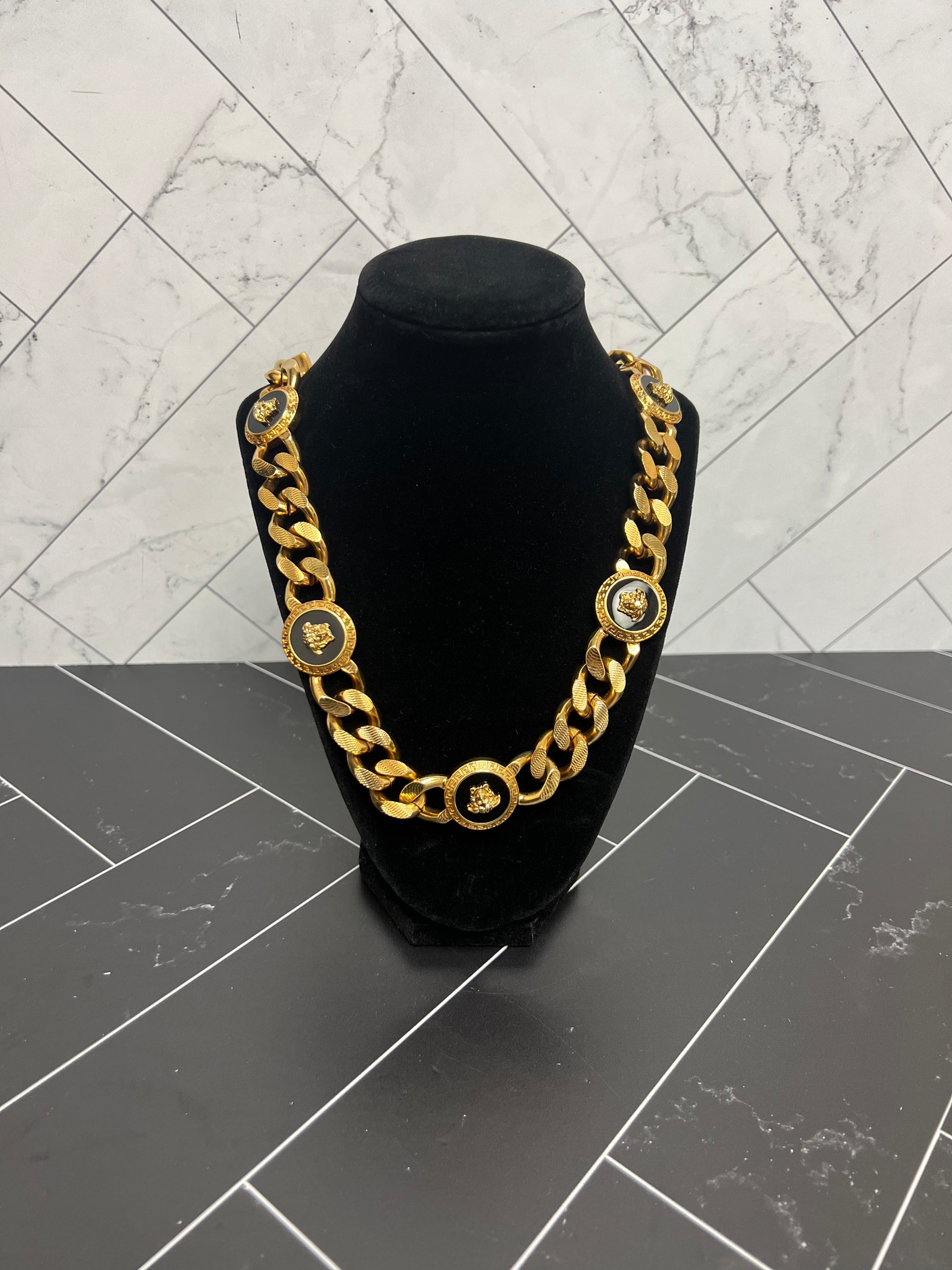 Versace Gold Plated Black Enamel Medusa Medallion Necklace