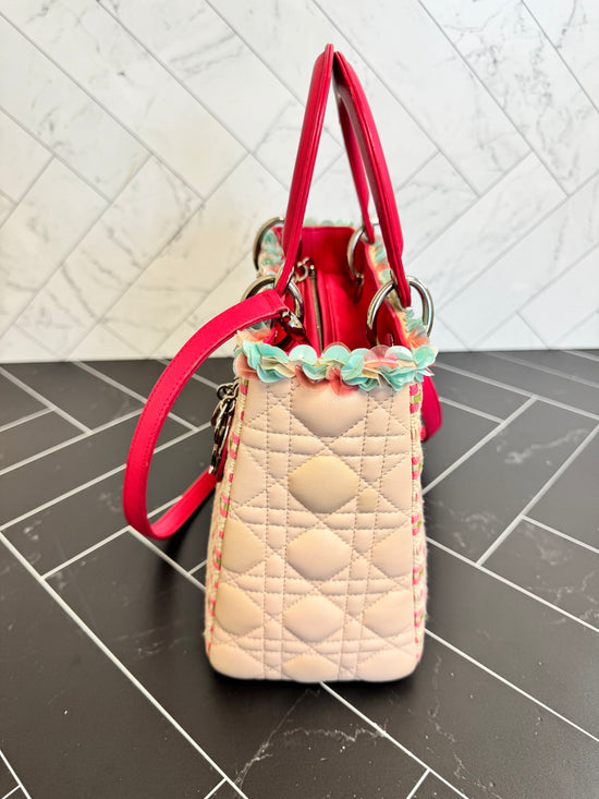 Christian Dior Pink Multicolor Woven Tweed & Cannage Leather Lady Dior