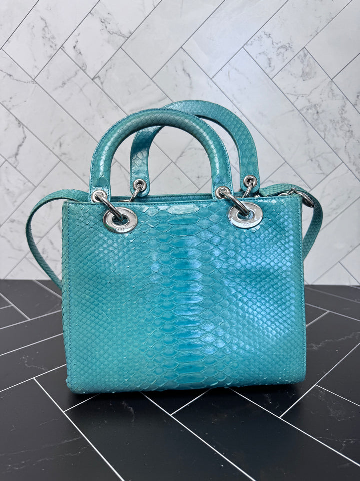 Christian Dior Teal Python Lady Dior Hand Bag