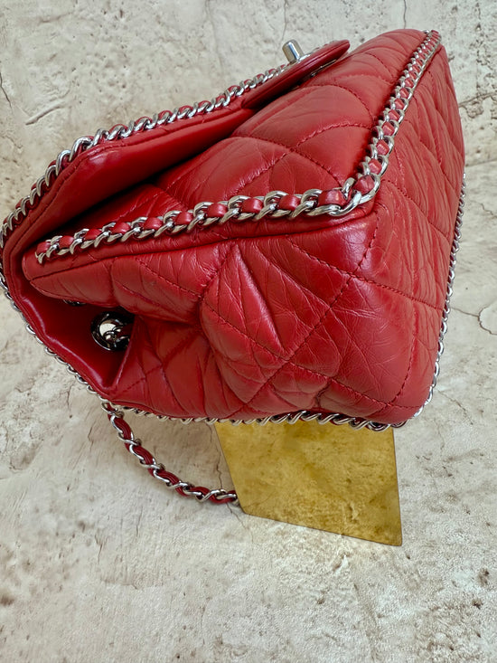 Chanel Red Crinkle Leather Running Chain Medium Single Flap