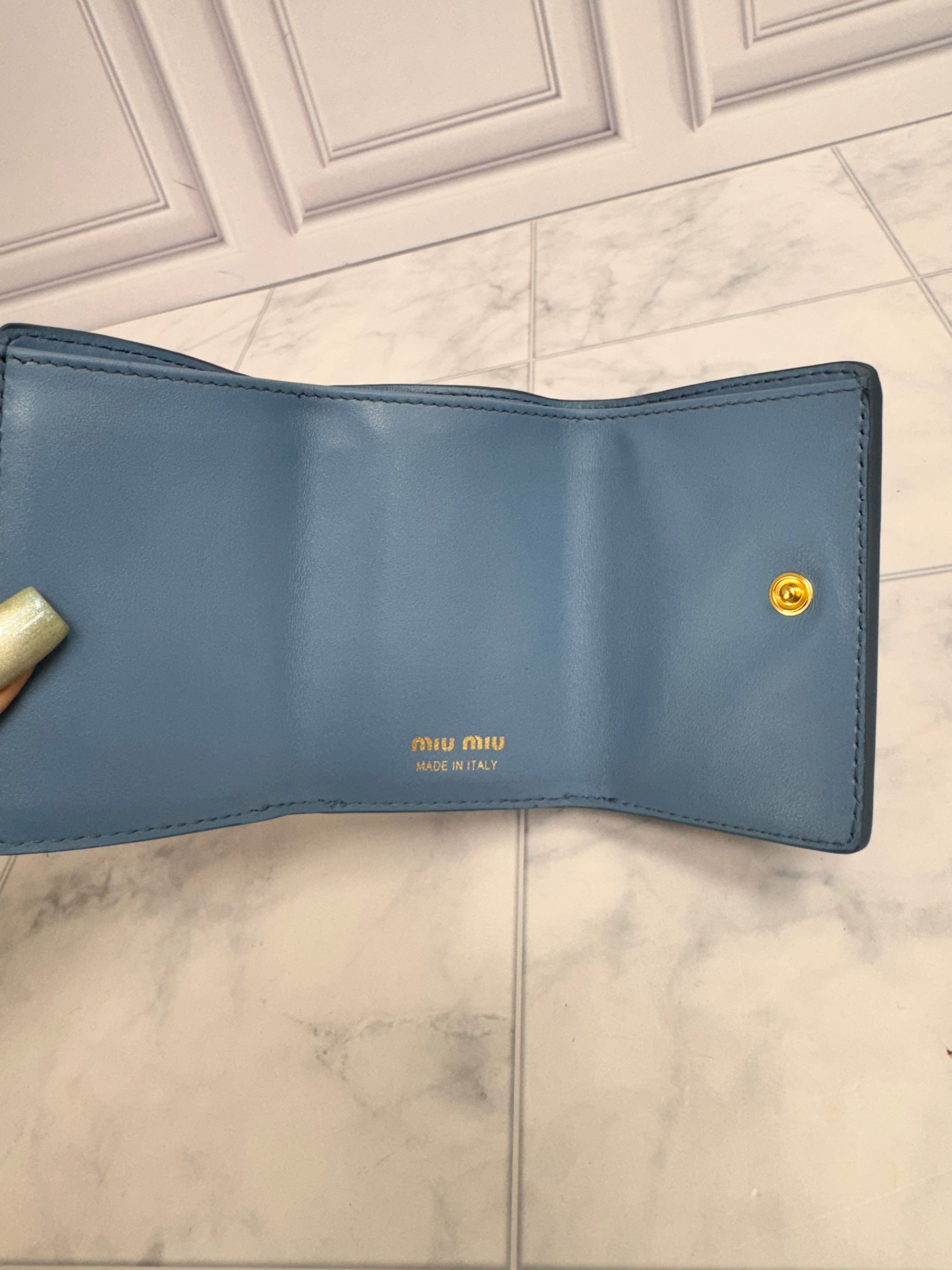 Miu Miu Blue Leather Polka Dot And Bow Compact Wallet