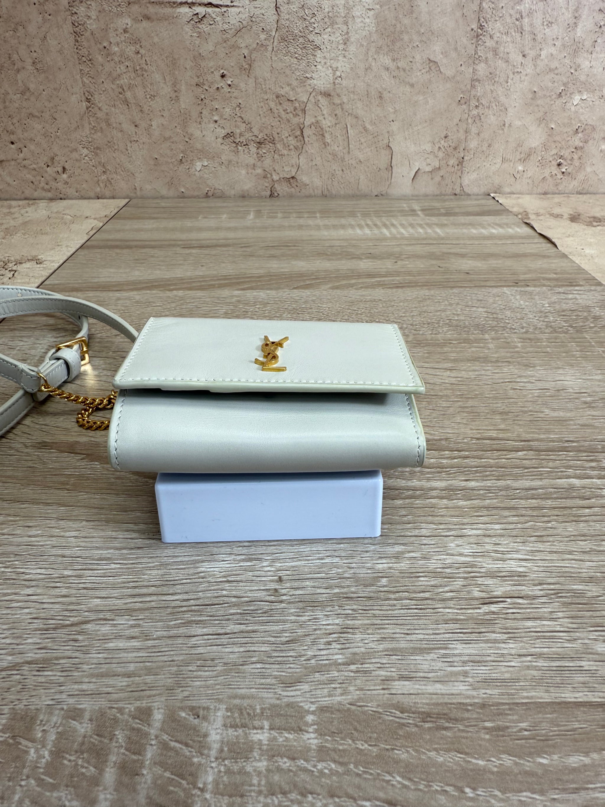 Saint Laurent YSL White Leather Compact Wallet on a Chain