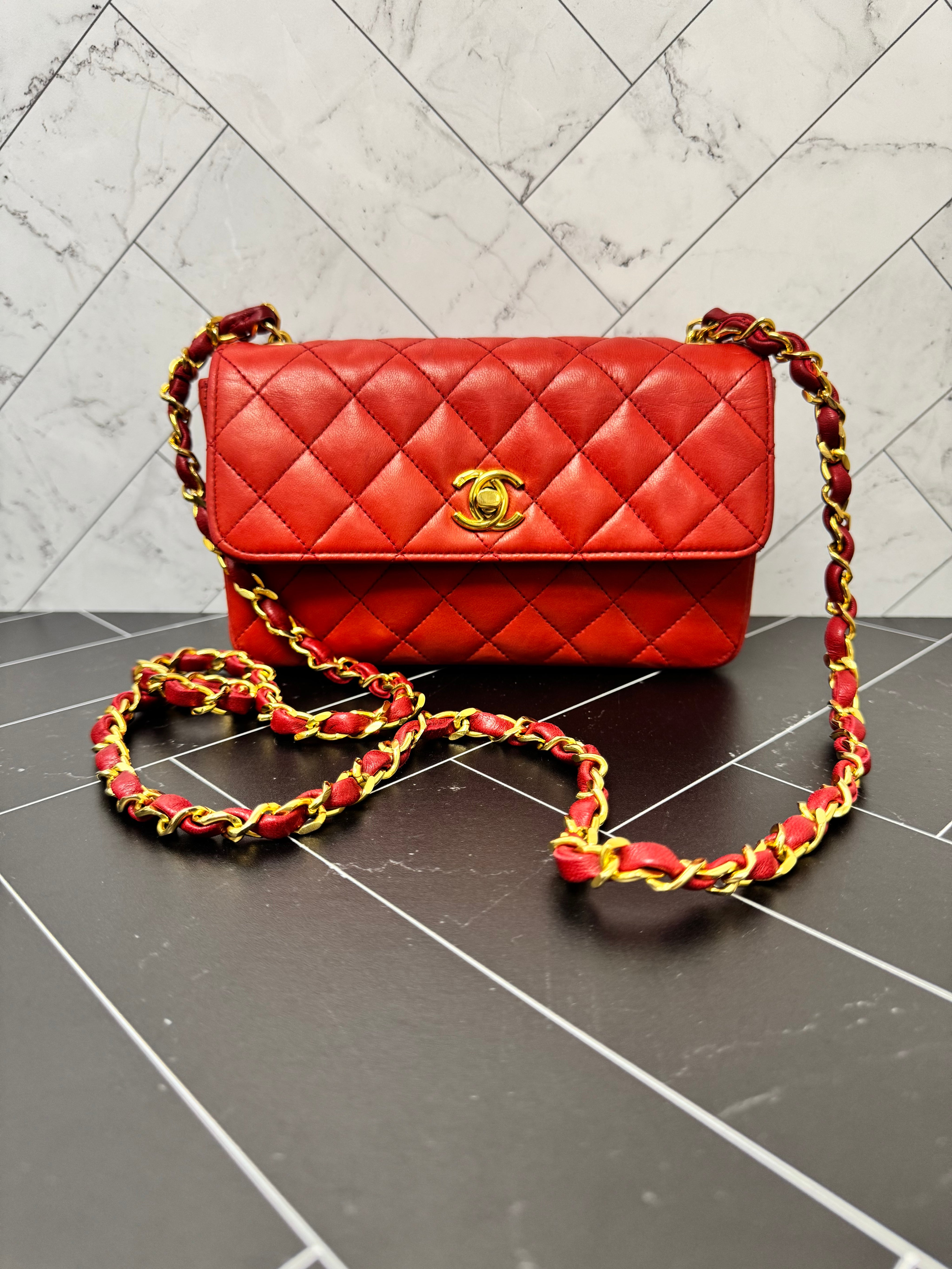 Chanel 24k Gold Plated Vintage Red Single Flap Crossbody Bag