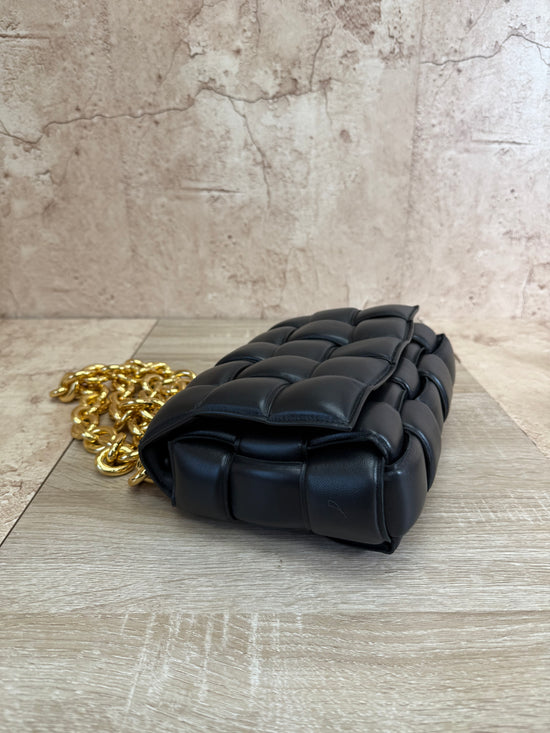 Bottega Veneta Black Leather Padded Bag with Gold Chain