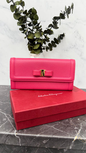 Salvatore Ferragamo Pink Pebbled Leather Bow Long Wallet w/ Card Holder