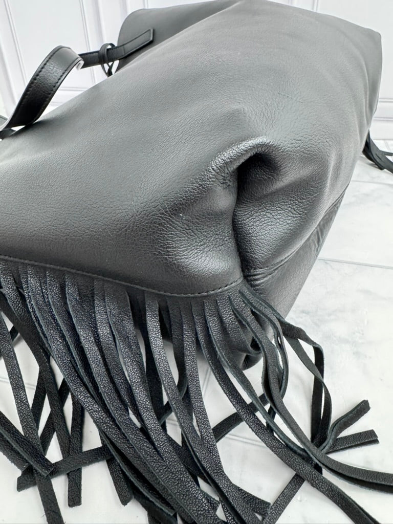 Saint Laurent YSL Black Leather Fringe Tote Bag