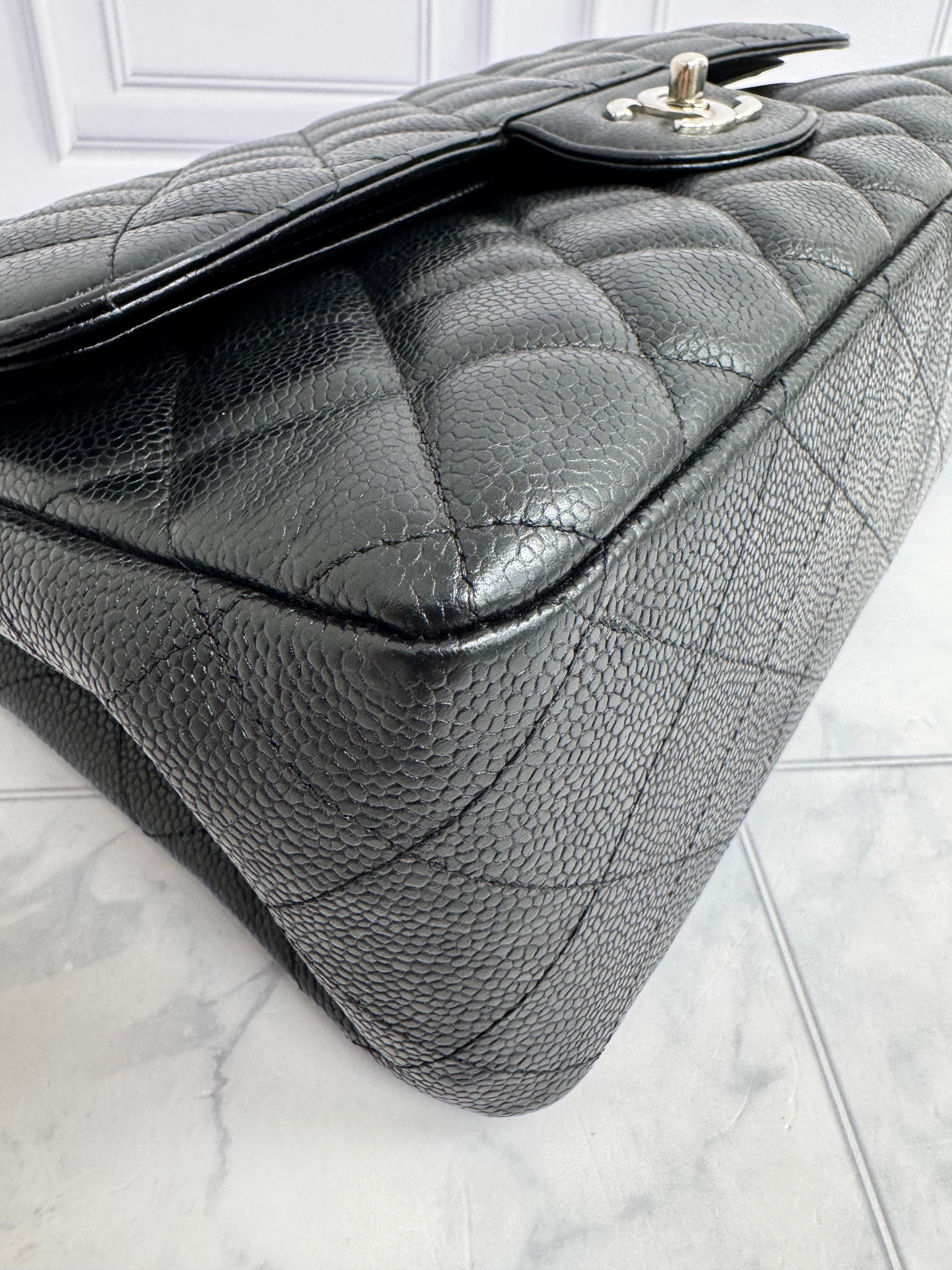 Chanel Black Diamond Quilted Caviar Leather Jumbo Classic Double Flap Bag