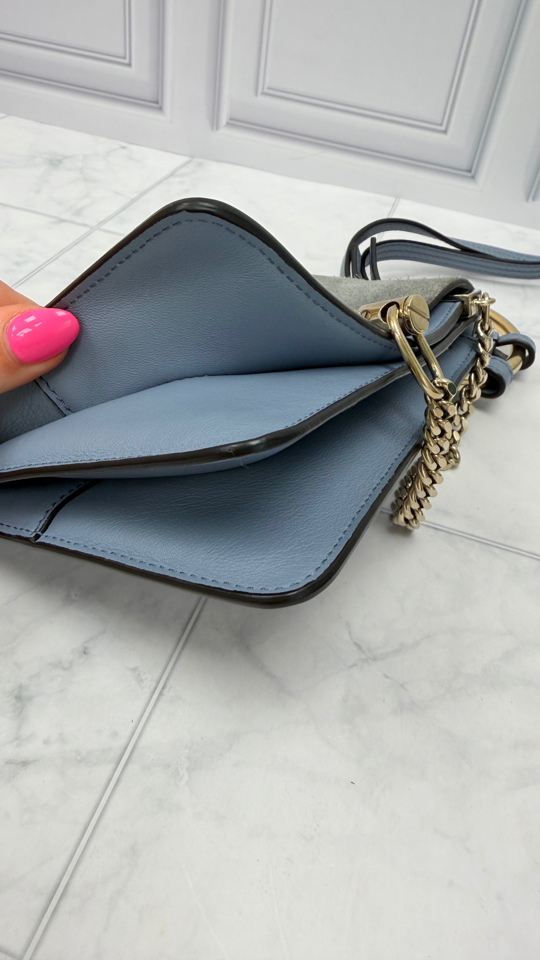 Chloe Dusty Blue Leather & Suede Mini Faye Crossbody