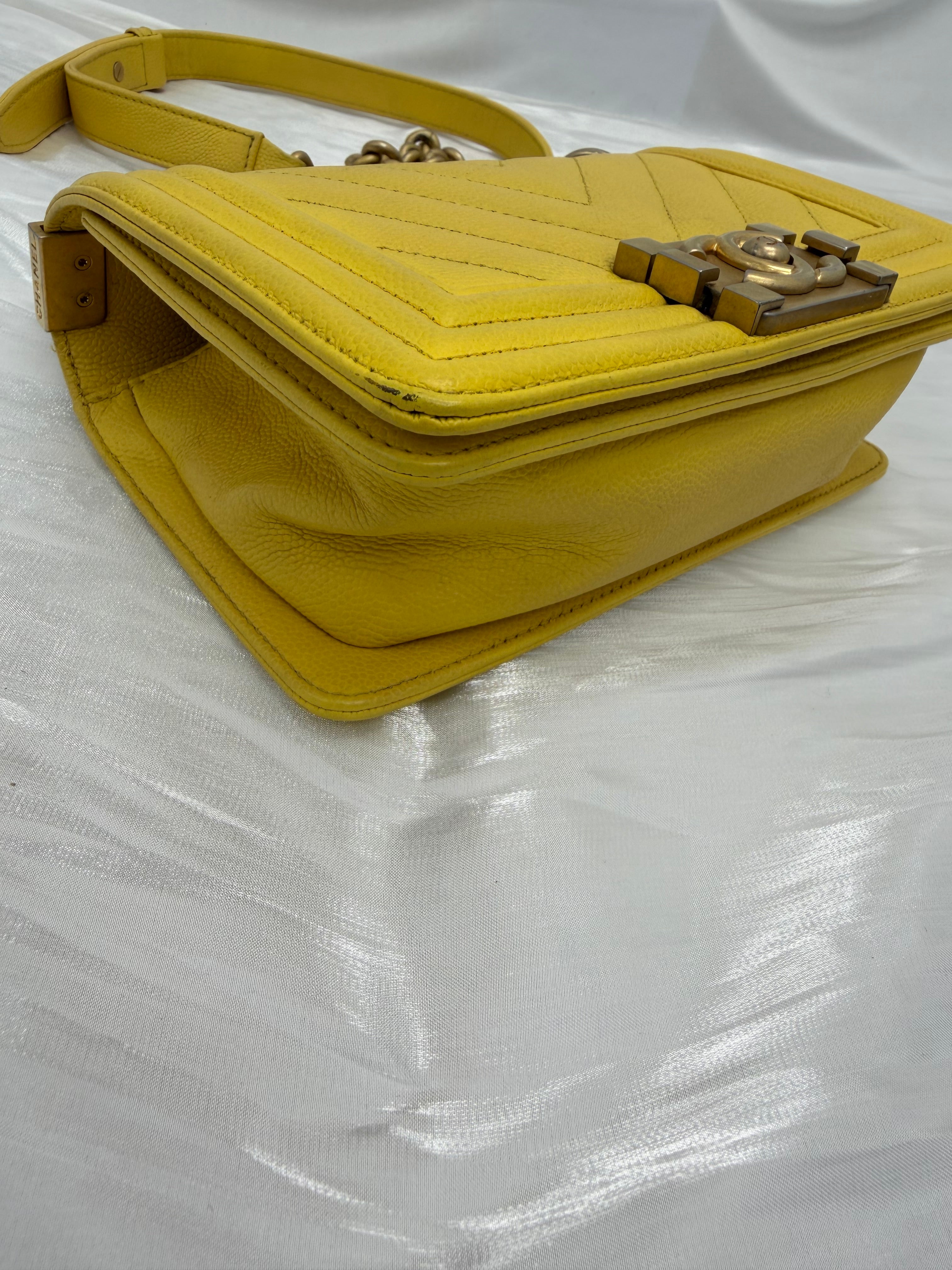 Chanel Yellow Chevron Caviar Leather Small Boy Flap Bag