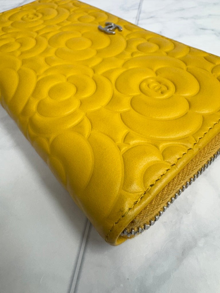 Chanel Yellow Embossed Camellia Flower Leather Zippy Wallet