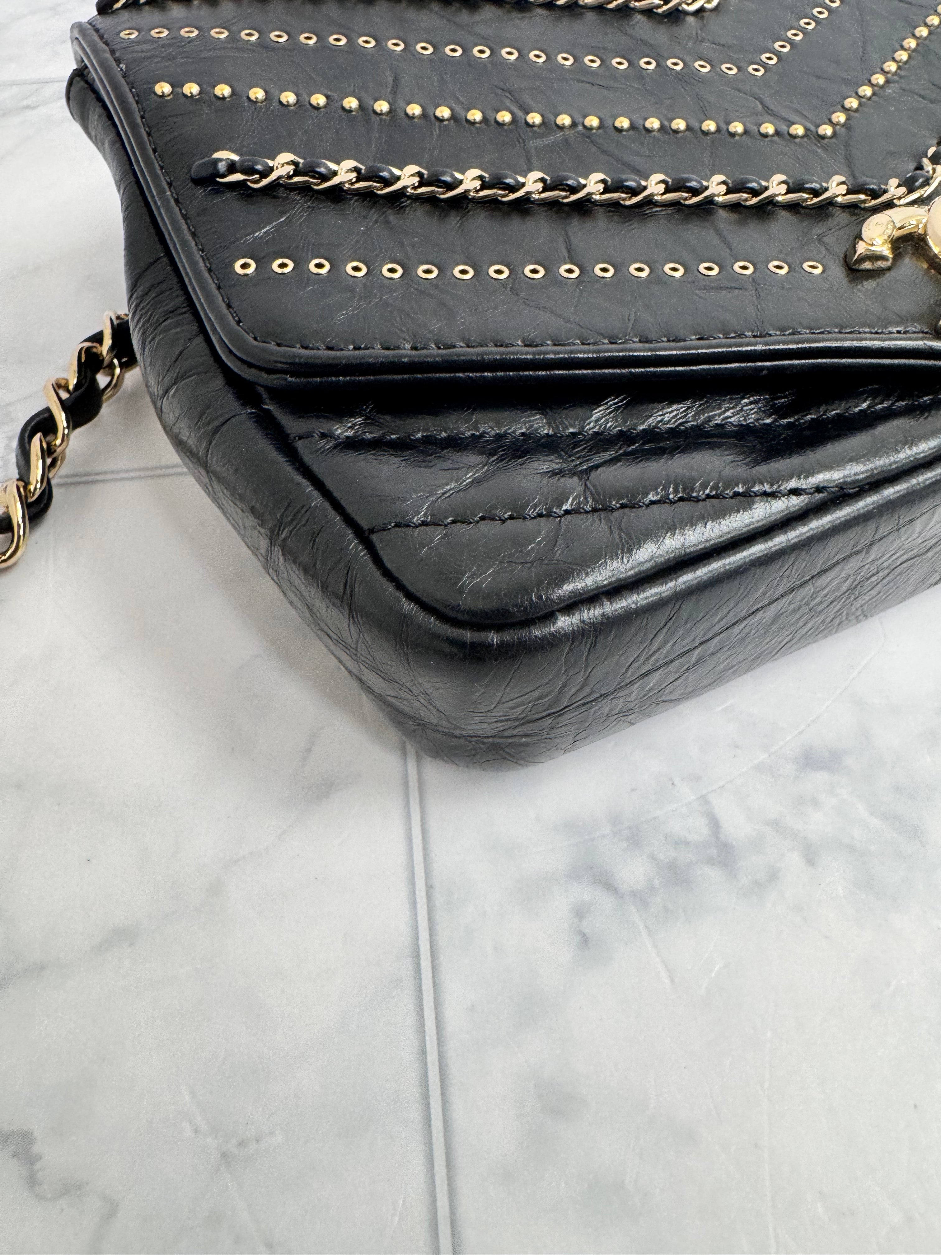 Chanel Black Chevron Studded Quilted Leather Chain Flap Crossbody Bag