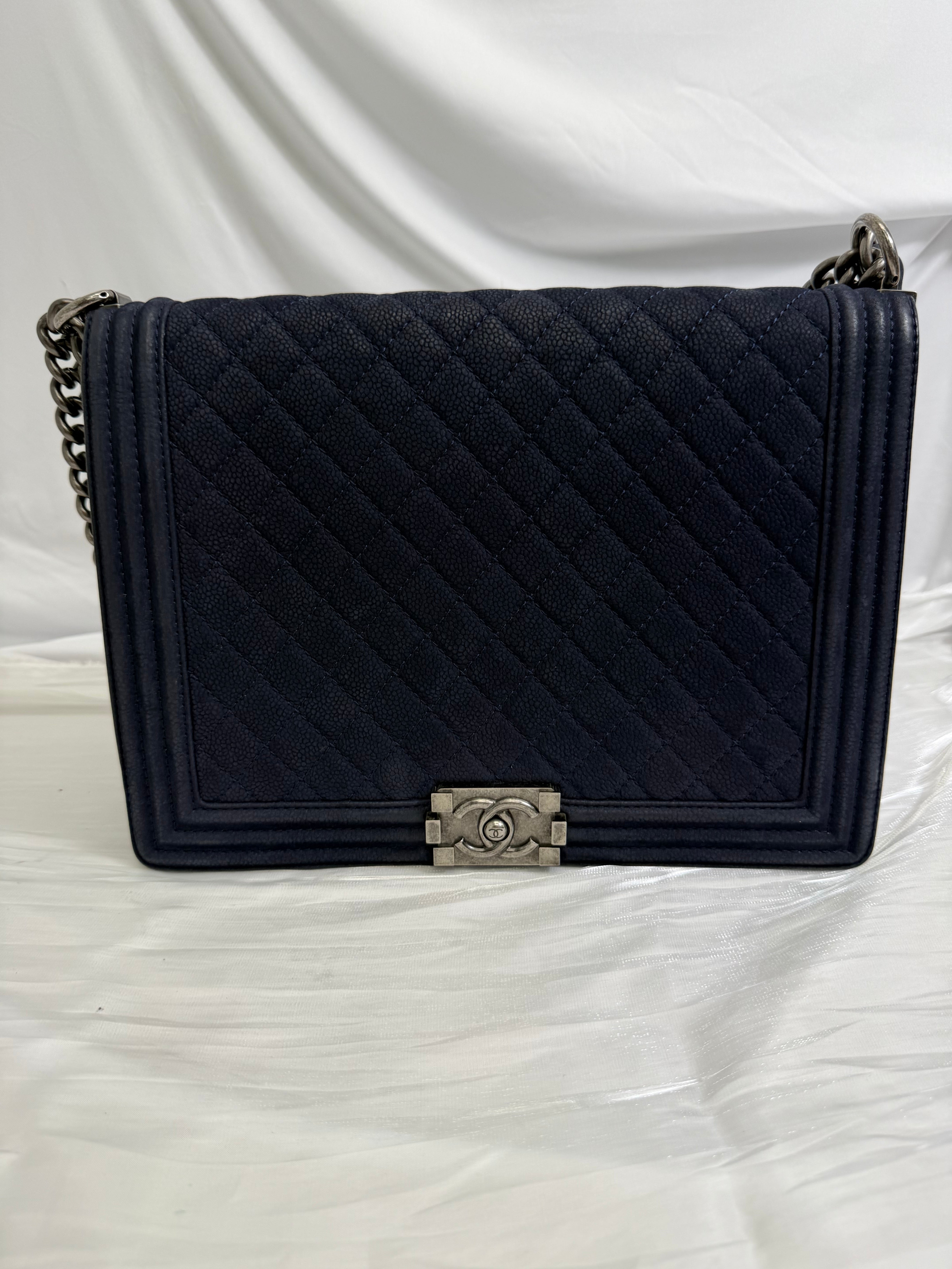 Chanel Navy Quilted Caviar Large Boy Bag