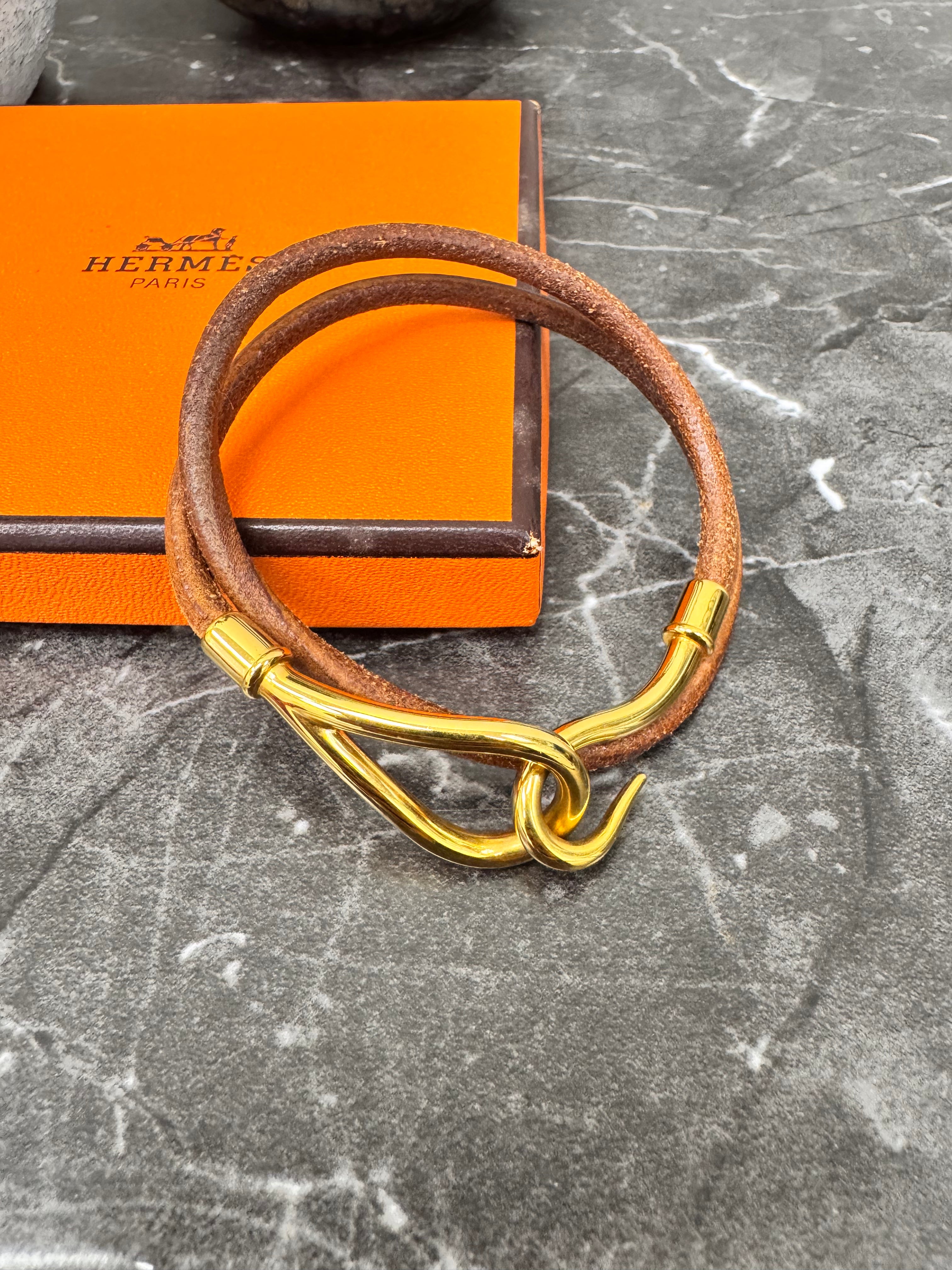 Hermes Gold Tone And Leather Double Tour Jumbo Hook Bracelet