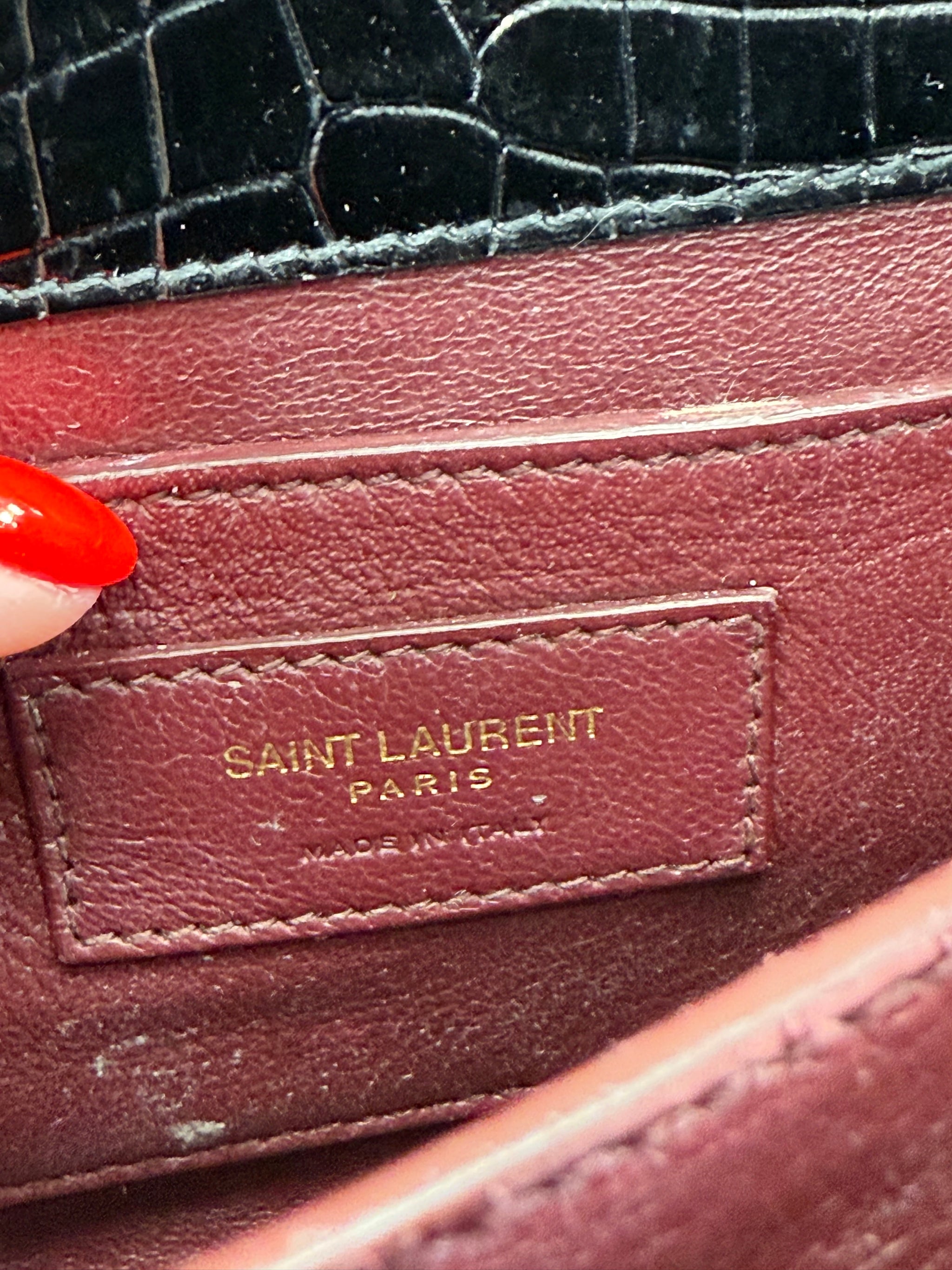 Saint Laurent YSL Black Crocodile Embossed Leather Cassandra Mini Top Handle Bag