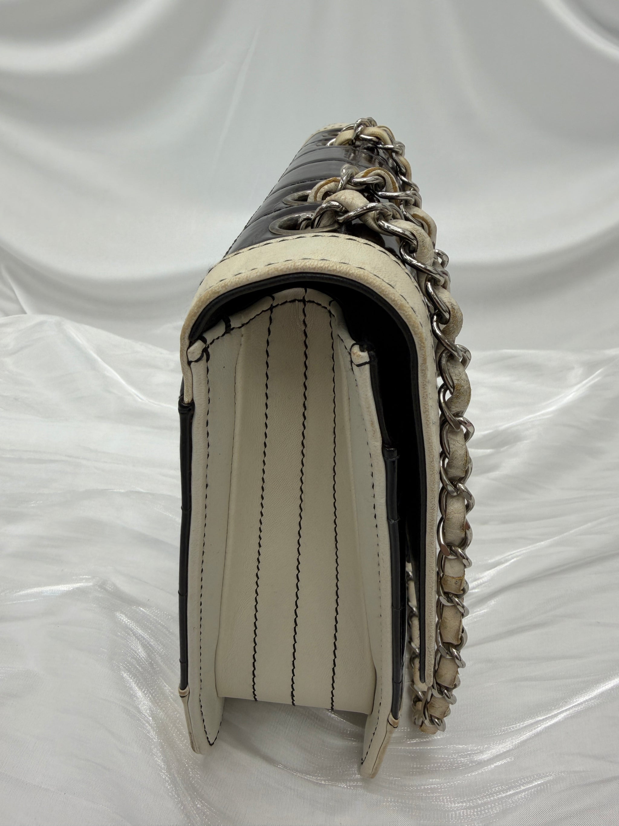 Chanel White & Black Patent Leather Chocolate Bar Square Bag