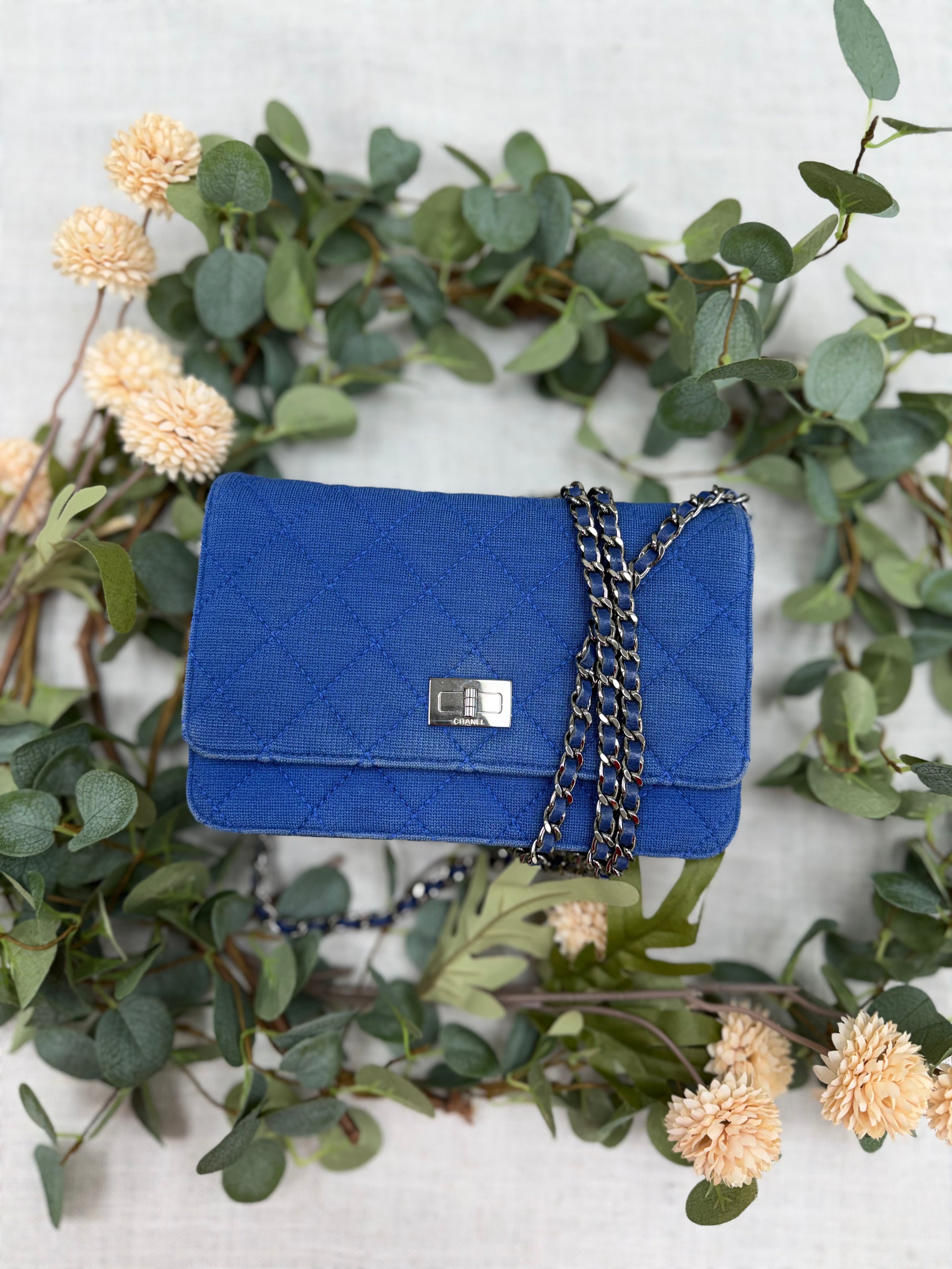 Chanel Blue Quilted Jersey Canvas Reissue 2.55 Wallet on a Chain