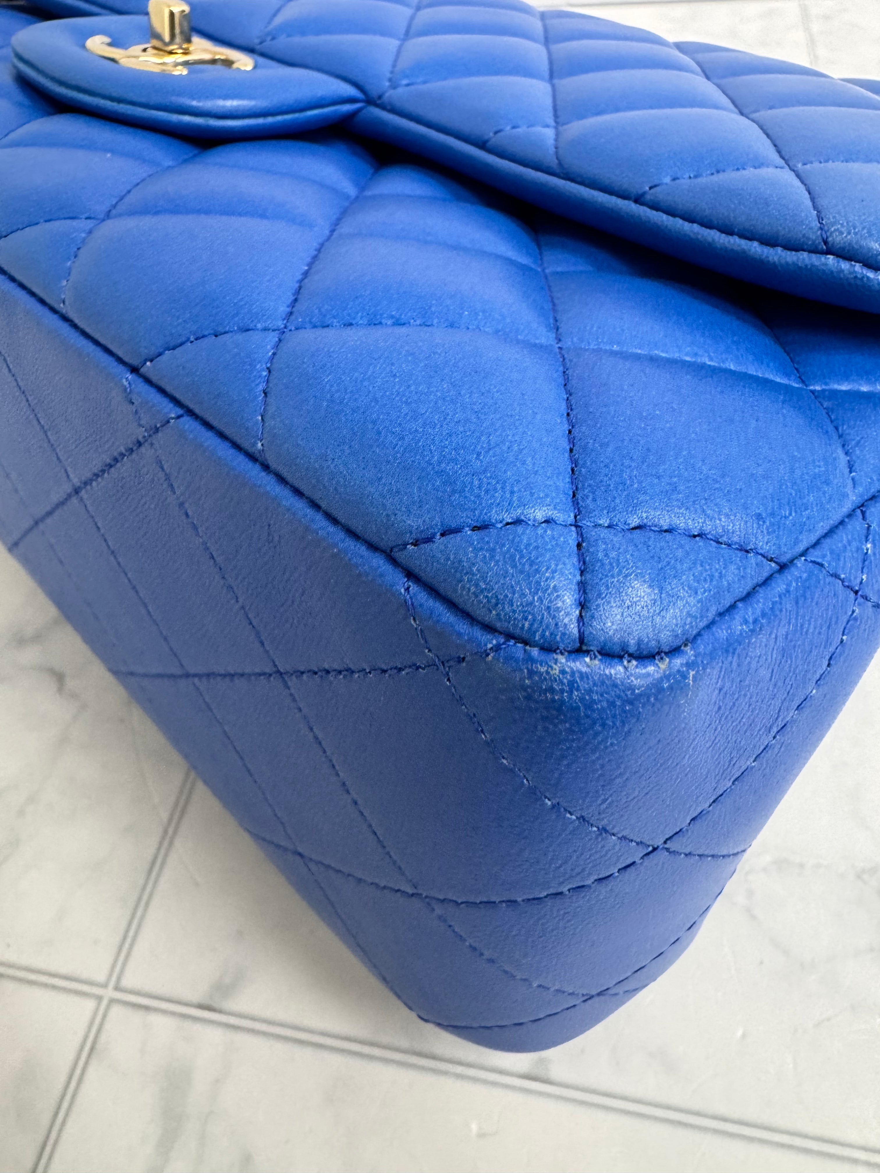 Chanel Blue Diamond Quilted Lambskin Jumbo Double Flap Bag
