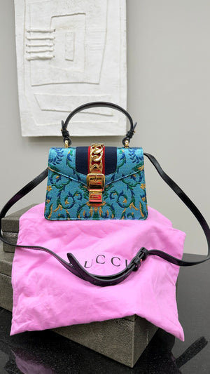 *DONS DROP* Gucci Blue Iridescent Brocade Mini Sylvie Top Handle Bag
